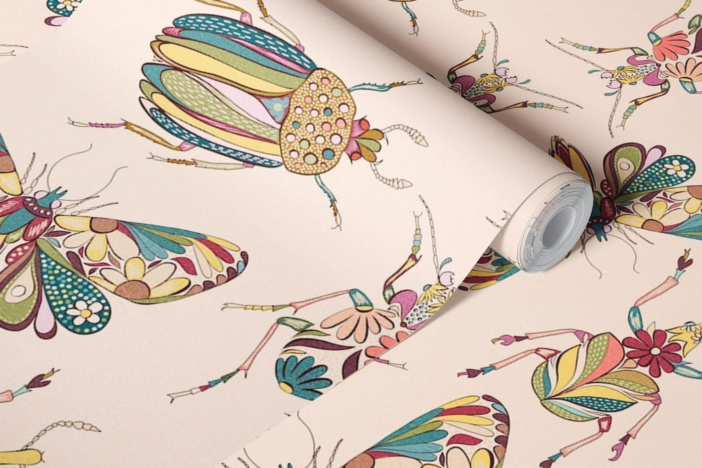 Floral Bugs and Butterflies Boho Doodle wallpaper roll