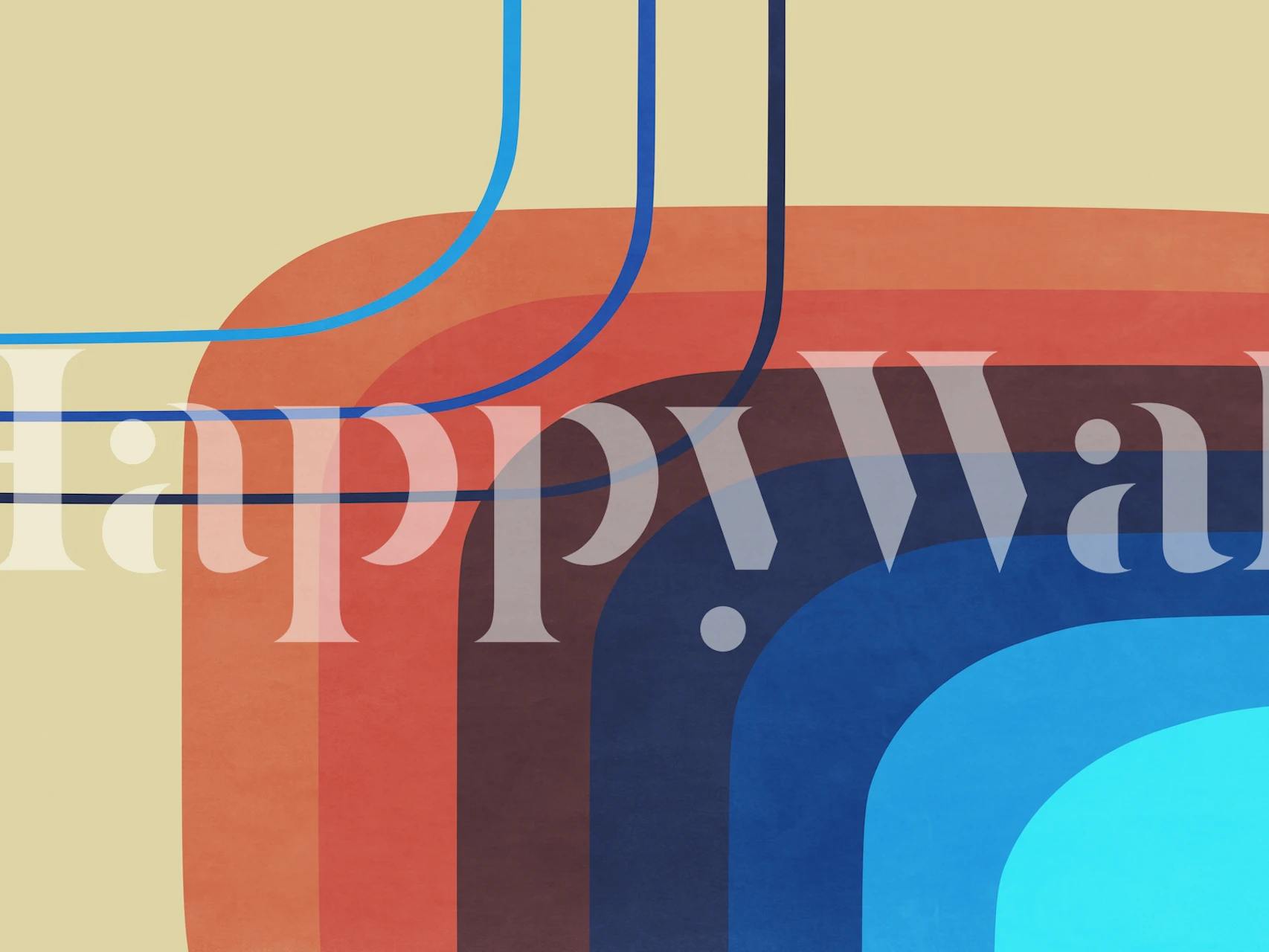 Curved lines in shades of blue, orange, and brown on beige background wallpaper