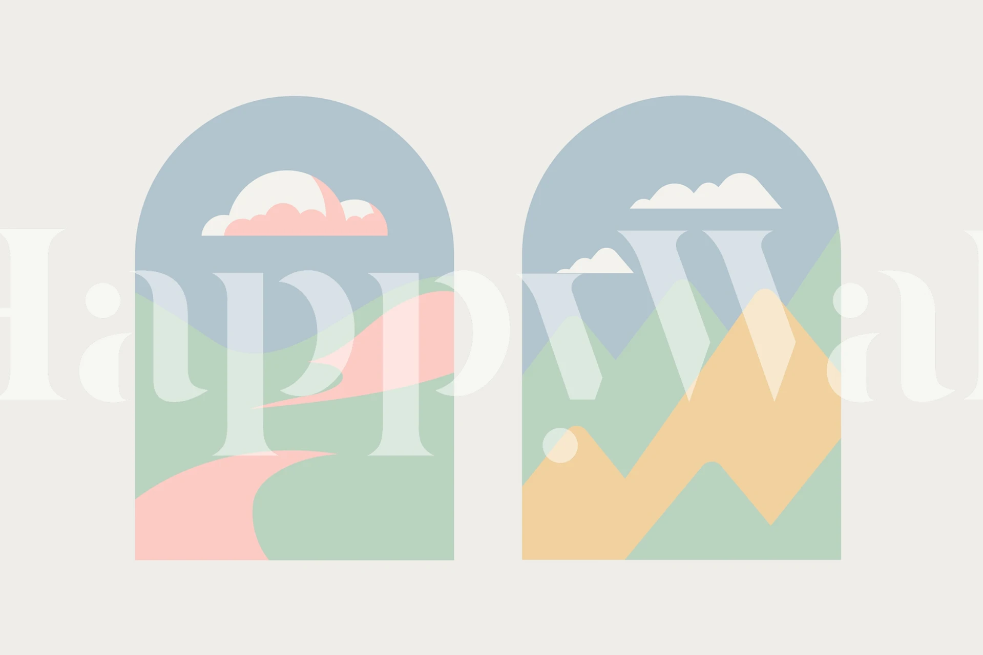 Happy Pastel Boho Arch Landscape vægmaleri med abstrakte bakker og skyer i bløde farver