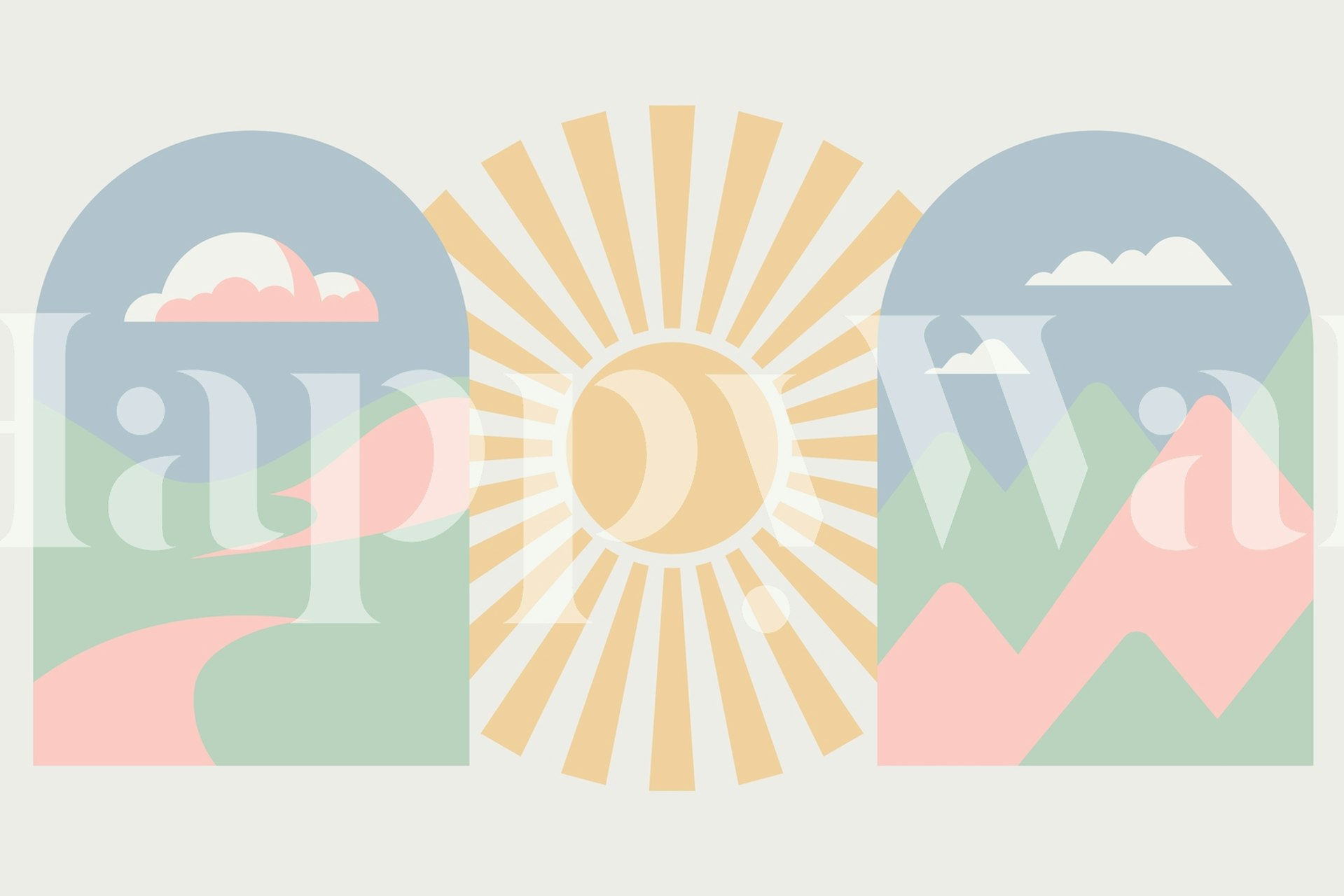 Pastel arch sunrise landscape with mountains and clouds wallpaper