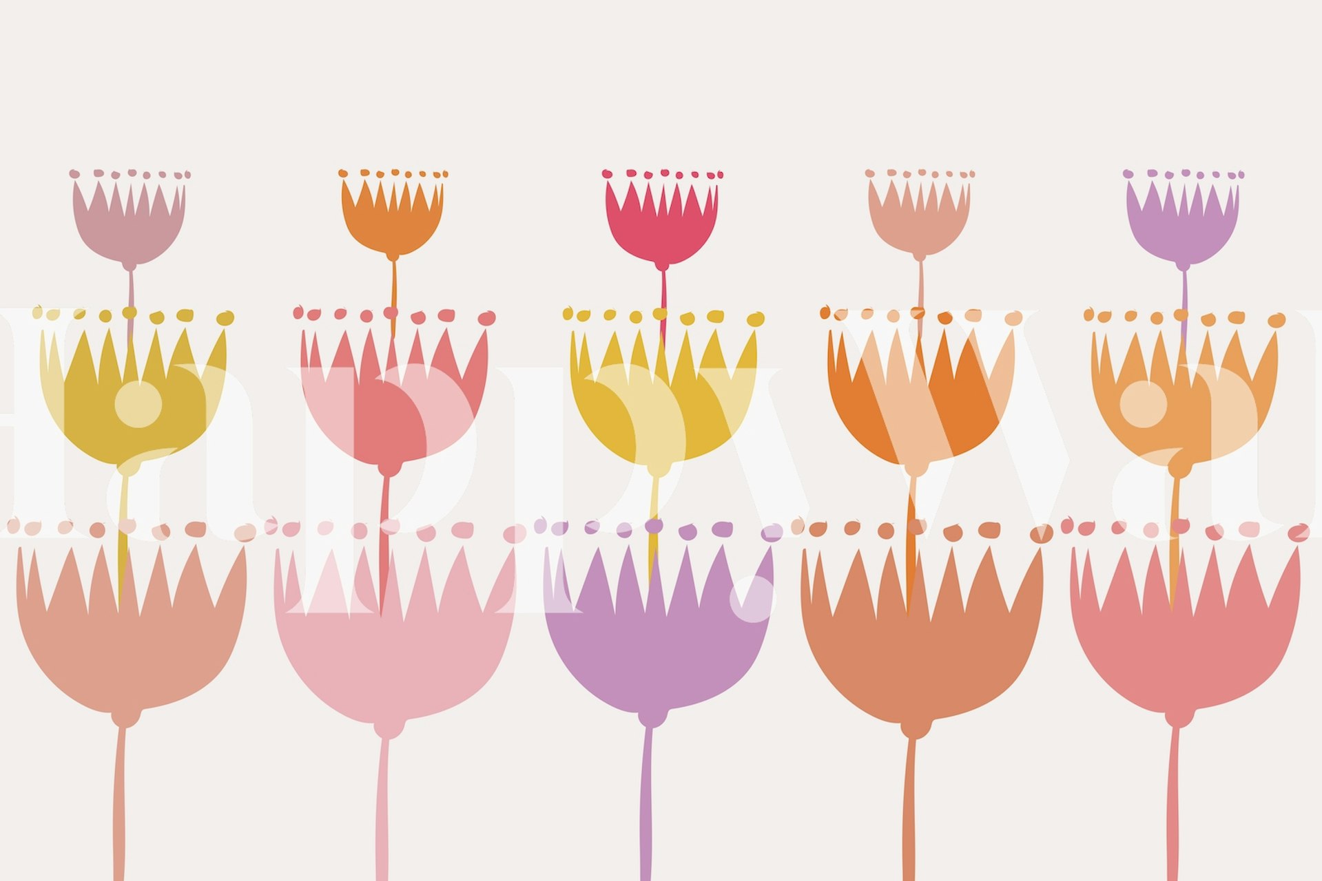 Στυλιζαρισμένα λουλούδια σε παστέλ χρώματα τοποθετημένα σε σειρές σε τοιχογραφία