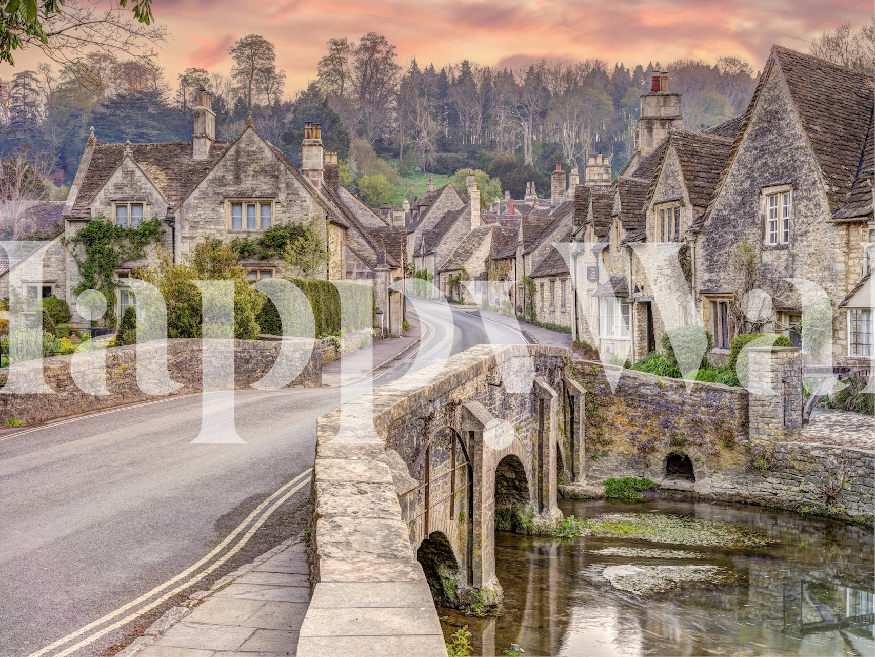Stone cottages along a winding road, soft colors, artistic landscape wallpaper