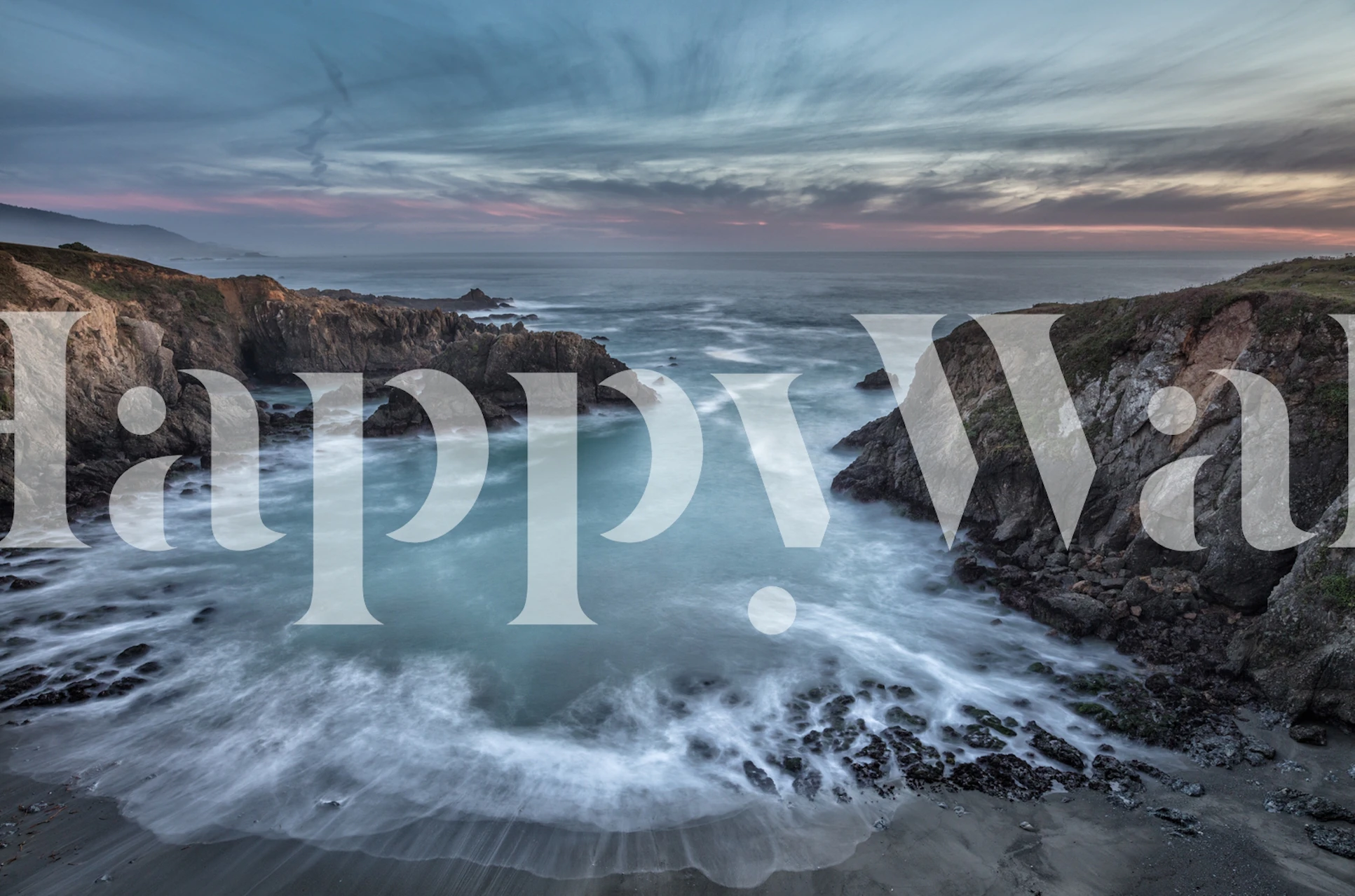 Coastal seascape wall mural with waves crashing against cliffs at dusk