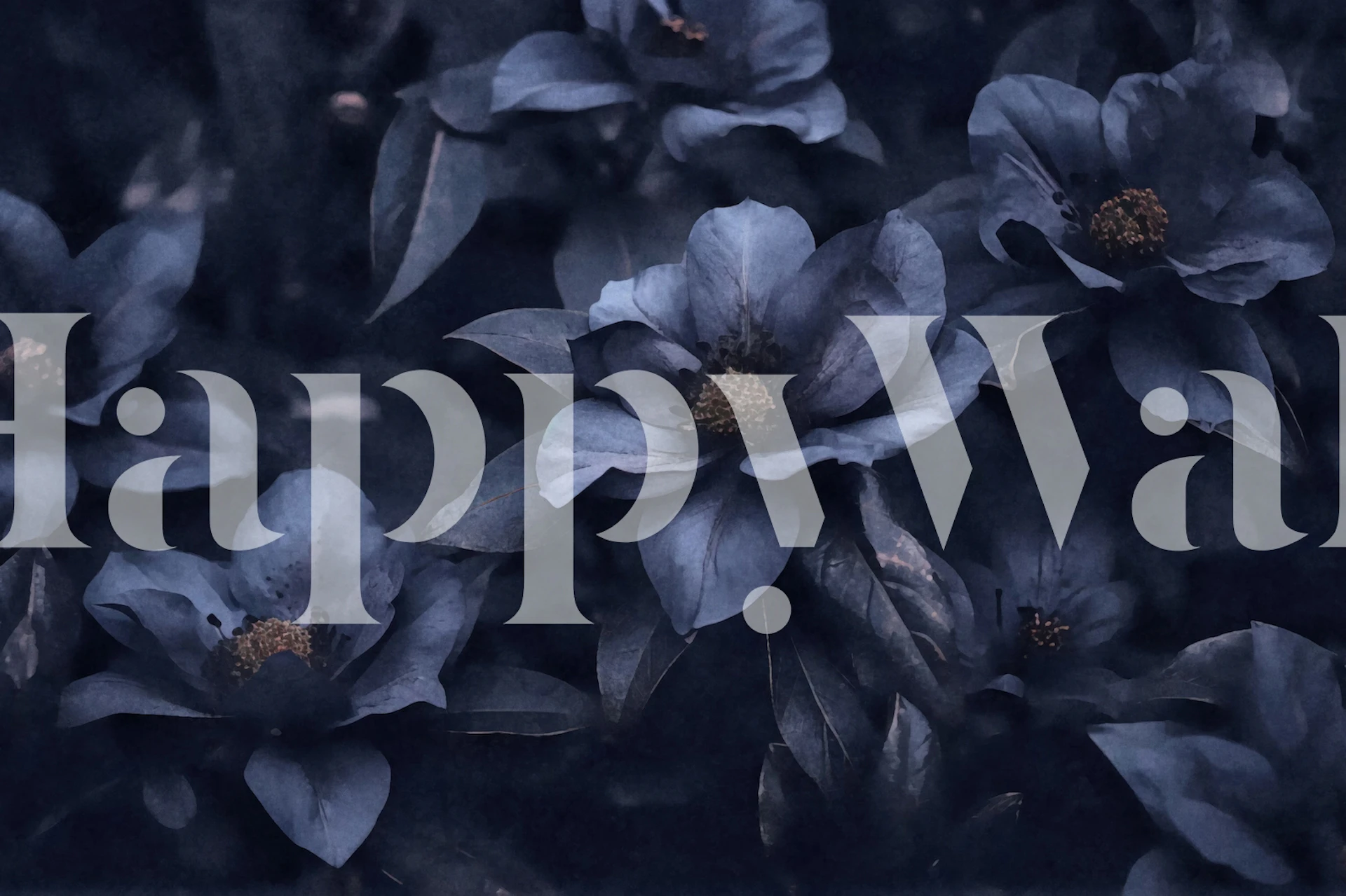 Dark blue floral wallpaper with large blue blooms and green leaves