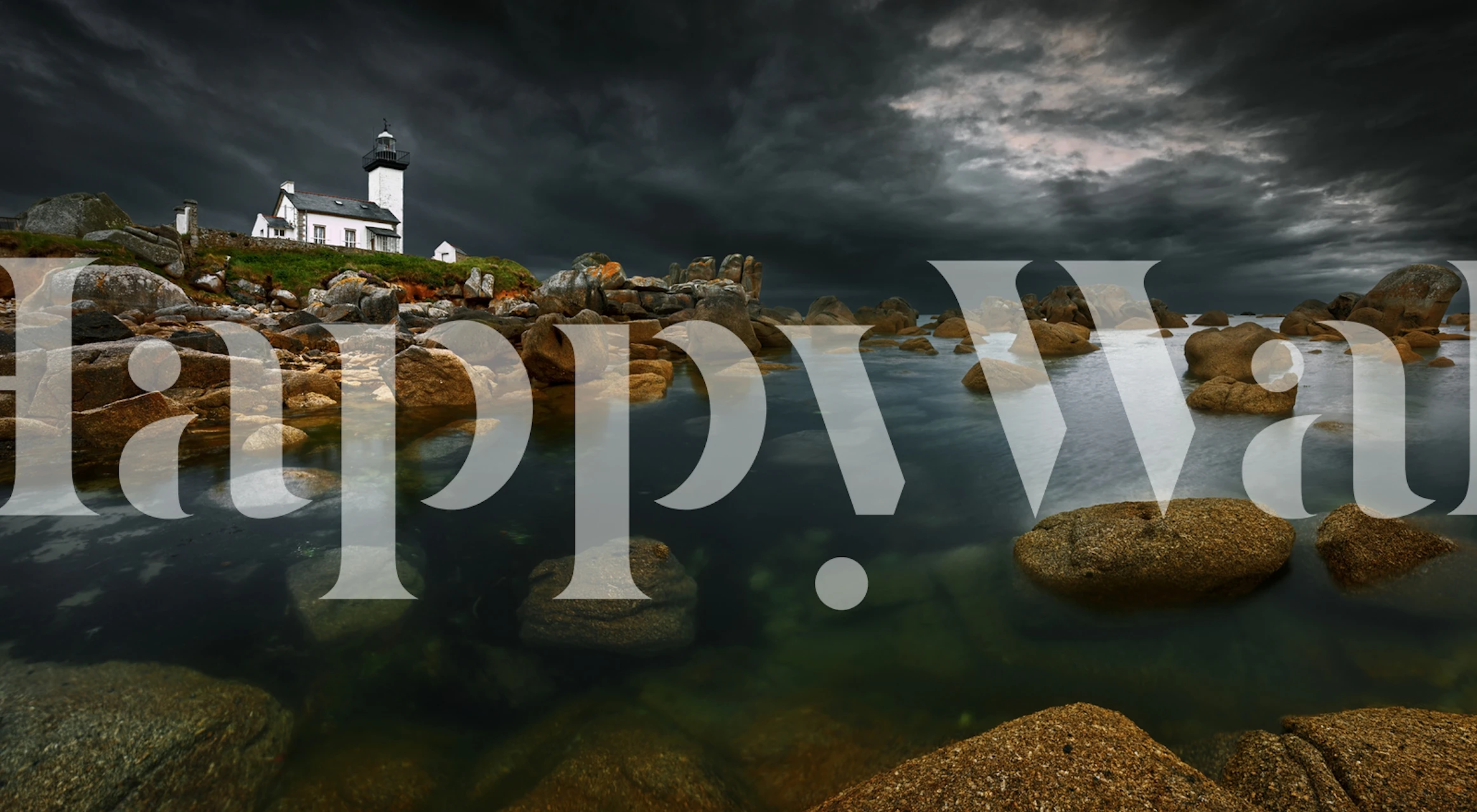 Coastal scene with lighthouse, stormy clouds, and water wallpaper
