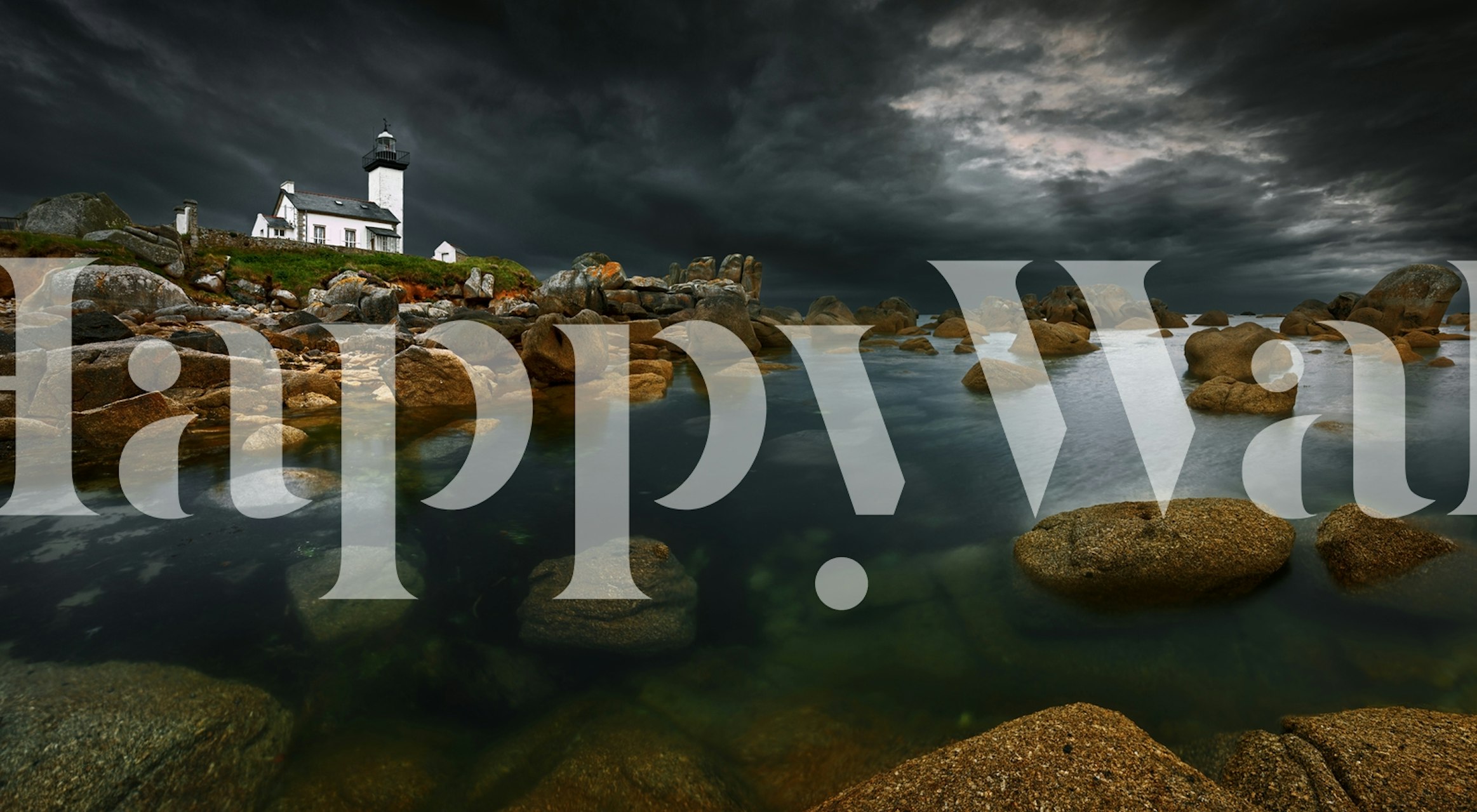 Coastal scene with lighthouse, stormy clouds, and water wallpaper