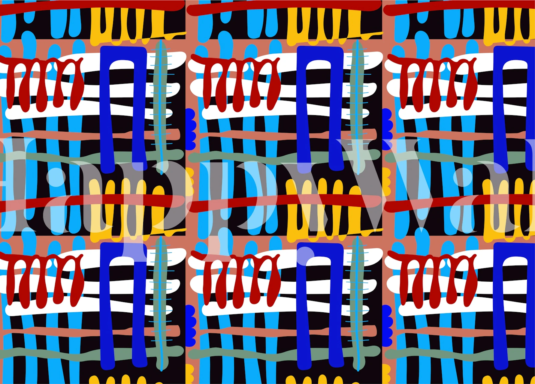 Abstract city life pattern wall mural with vivid colors and dynamic shapes.