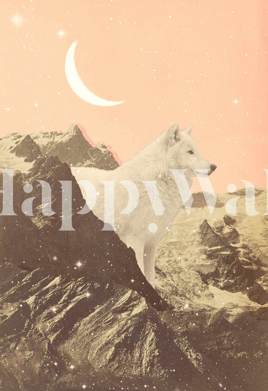 Majestic white wolf with mountains and crescent moon wallpaper