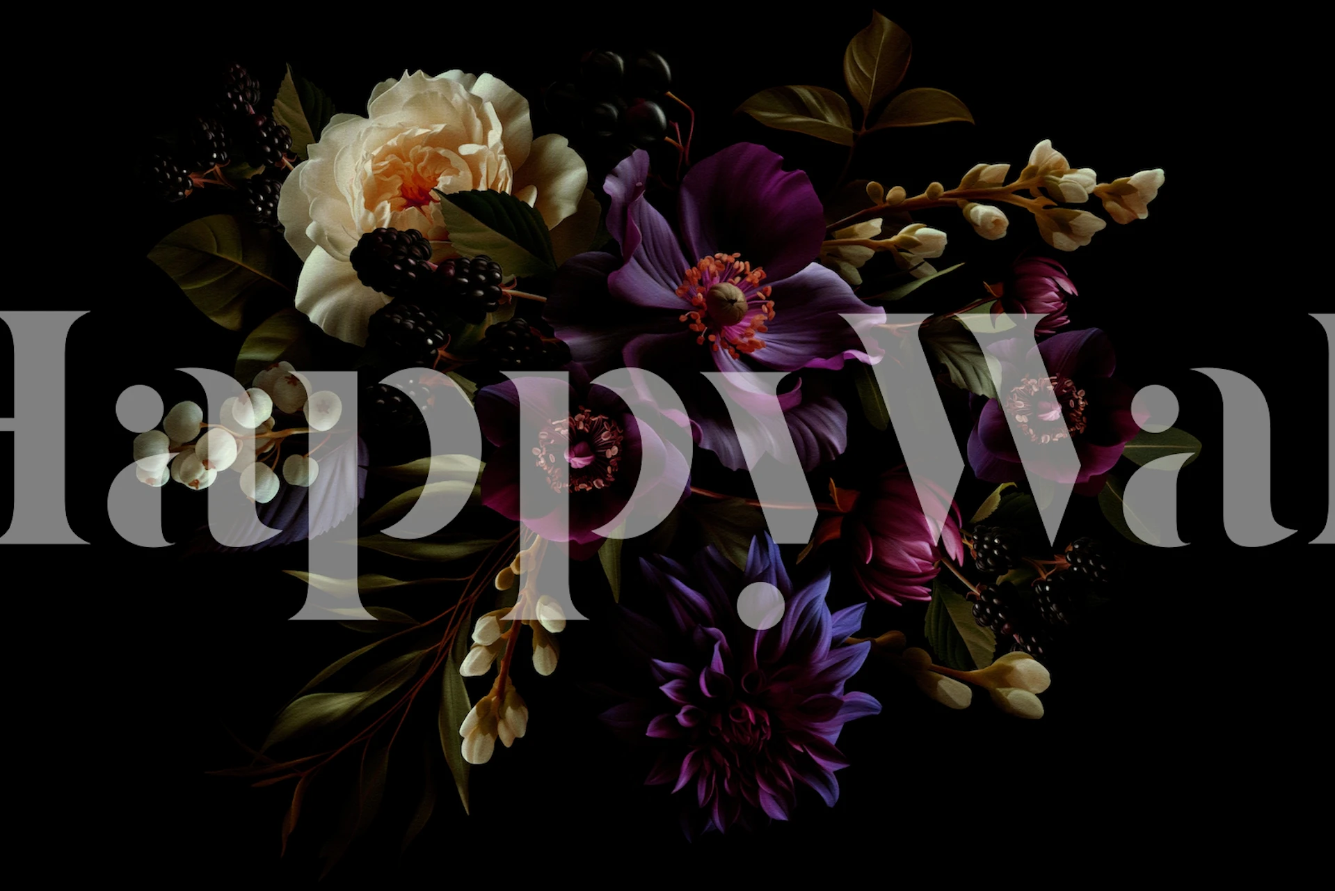 Gothic floral wall mural with dark, moody background and vibrant flowers