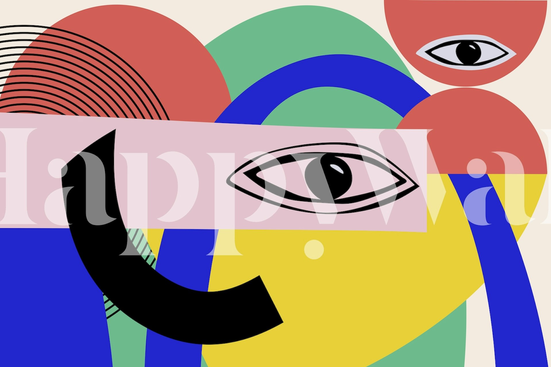 Abstract colorblocking wall mural with geometric shapes and eye motifs