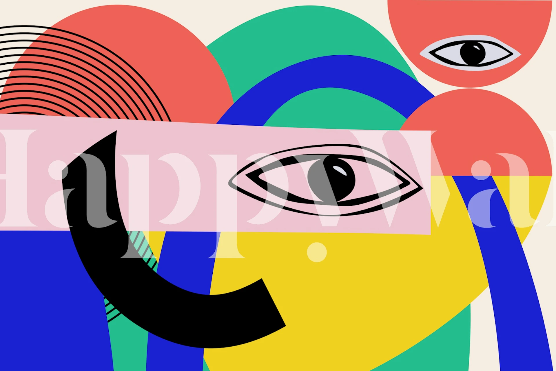 Abstract colorblocking wall mural with geometric shapes and eye motifs