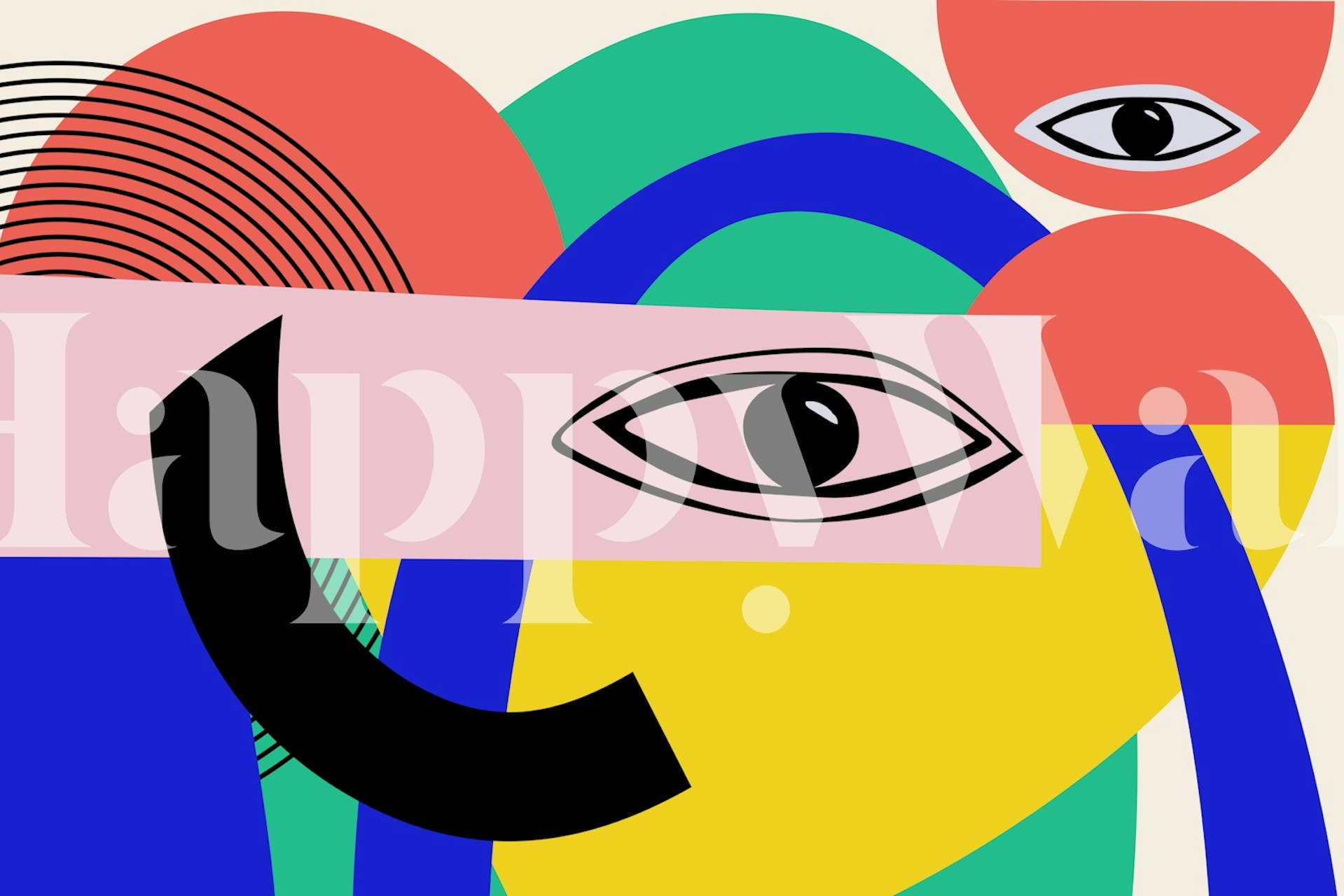 Abstract fotobehang met kleurblokken met geometrische vormen en oogmotieven