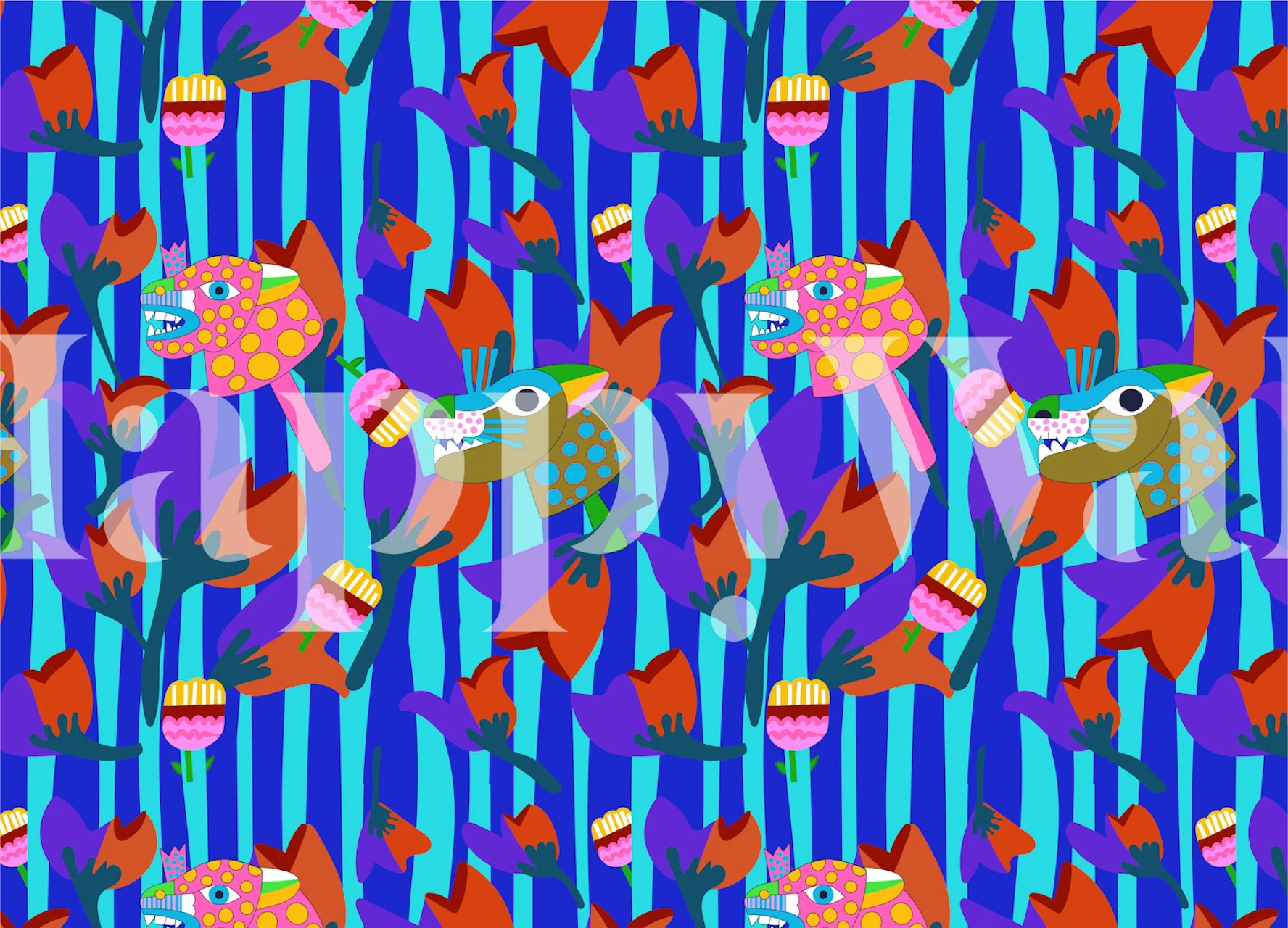 Animais selvagens estilizados coloridos e flora tropical num mural de parede