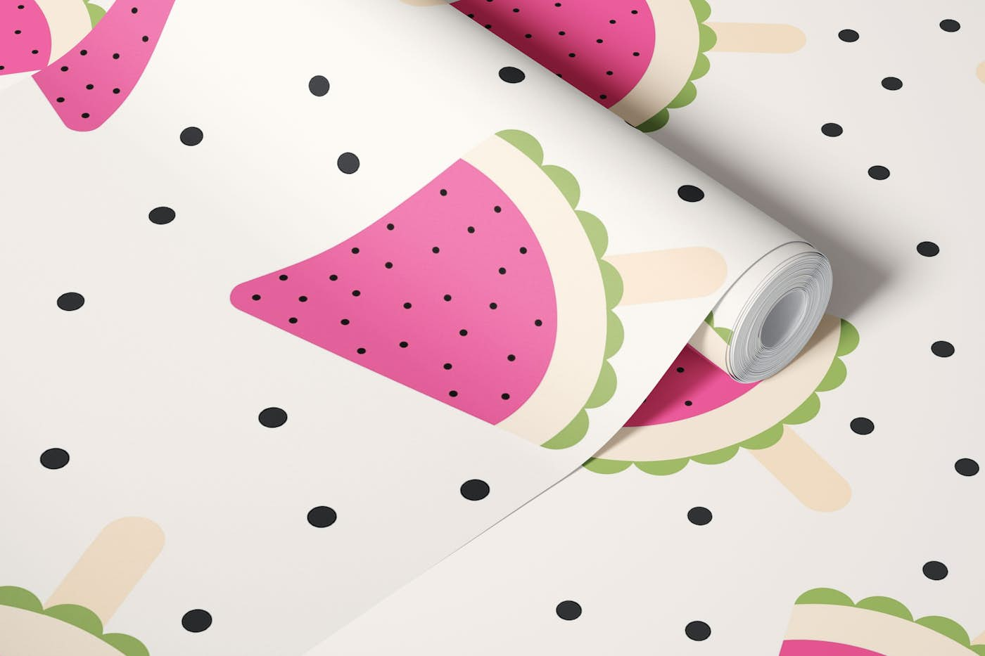 Watermelon Popsicles Fuchsia Dots Black wallpaper roll