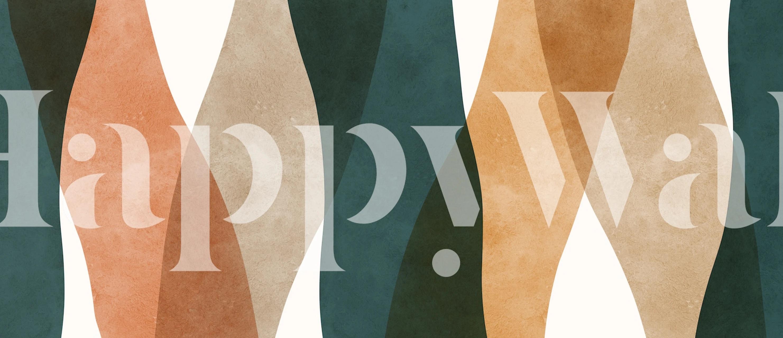 Vægmaleri i bohemestil med abstrakte geometriske former i terracotta, grønne og solbrune farver