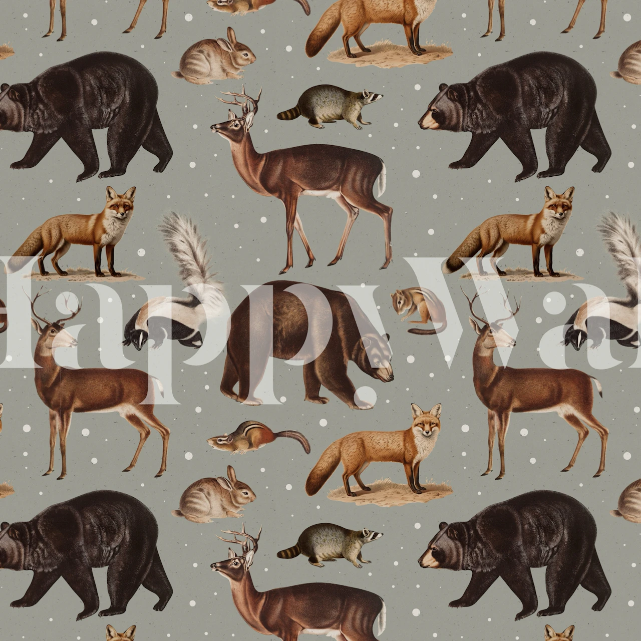 Wild animals like deer, foxes, and bears on grey background wallpaper