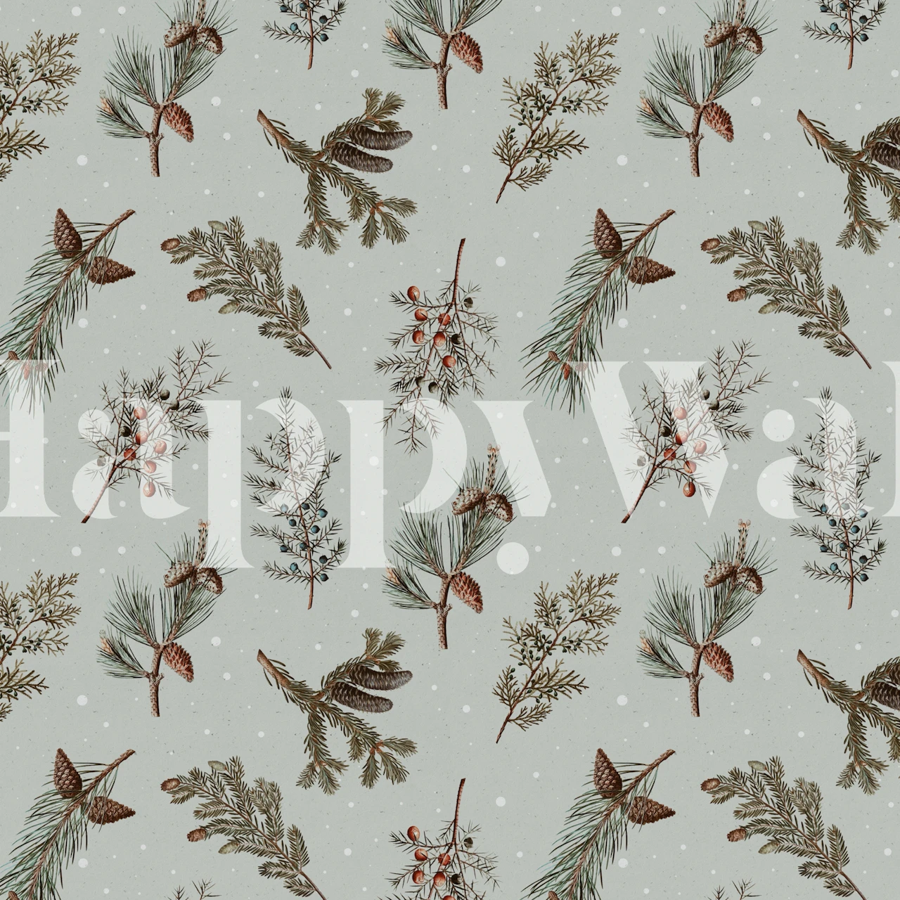 Botanical pattern with pine branches and pinecones, green and brown wallpaper