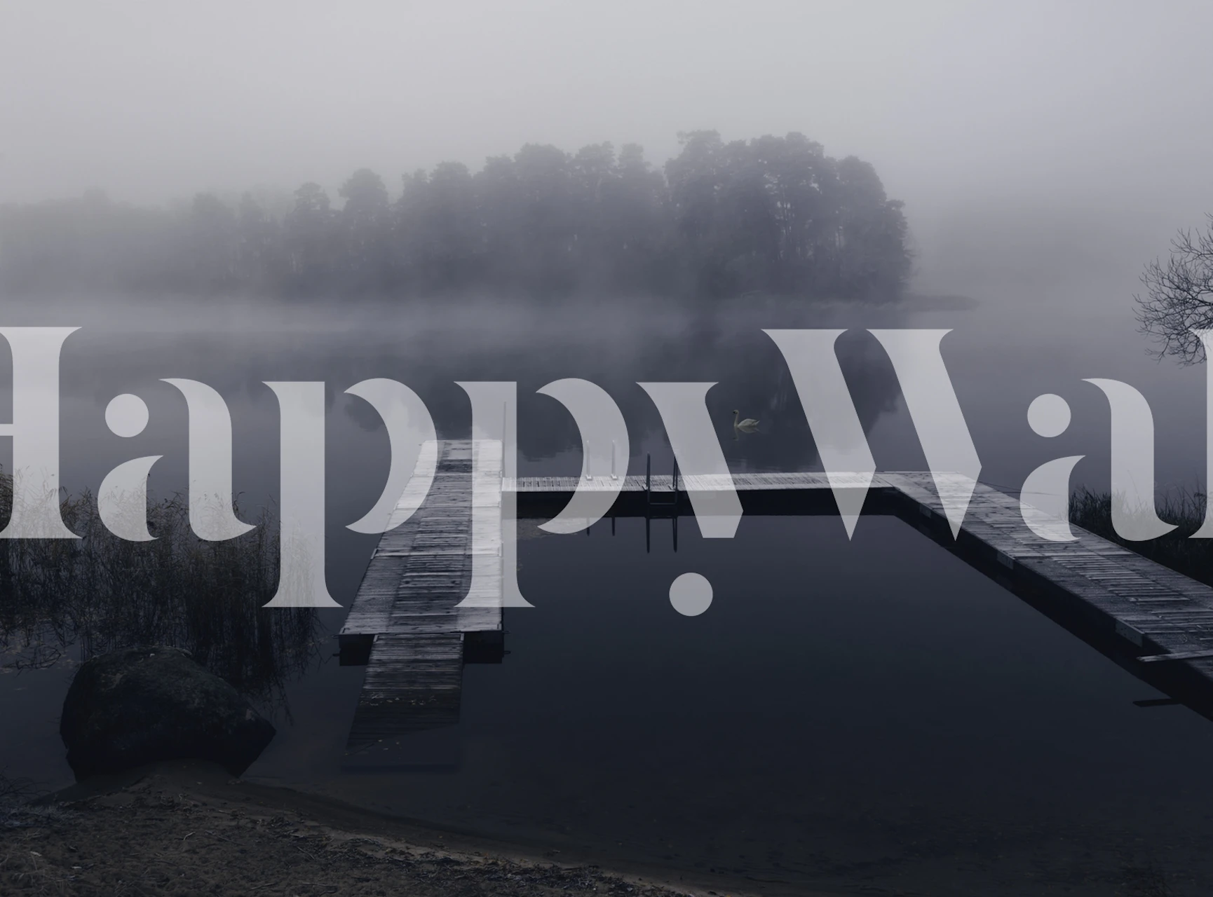 Foggy lake reflections with wooden dock wallpaper