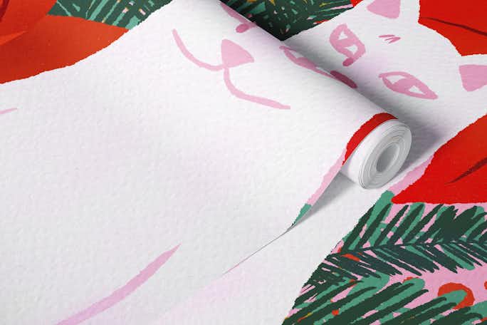 Pink Cat with Christmas foliage and flowerswallpaper roll