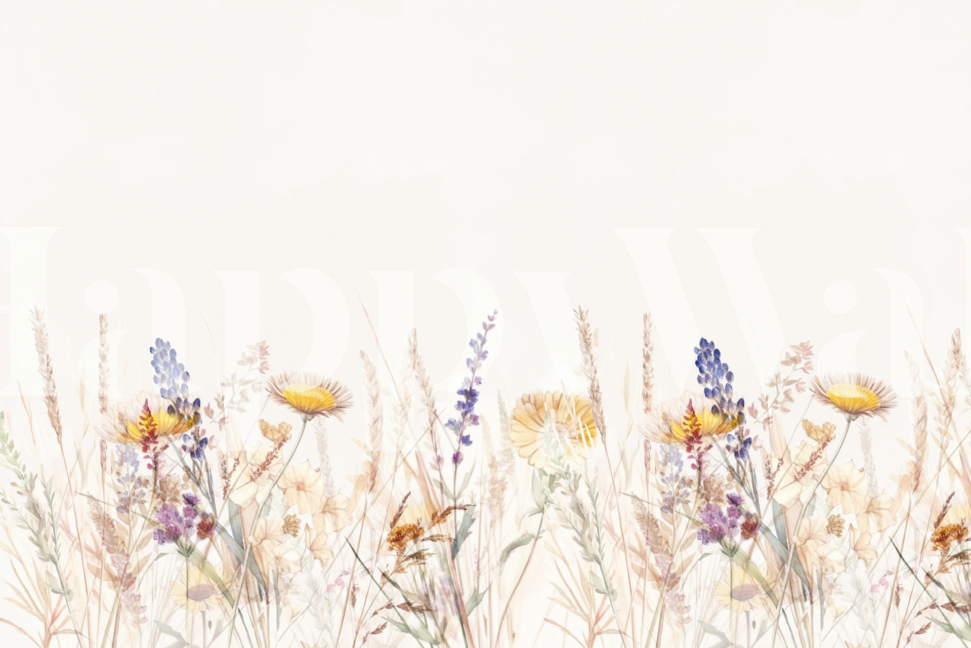 A tranquil wildflower meadow wall mural with soft pastel wildflowers on a white background