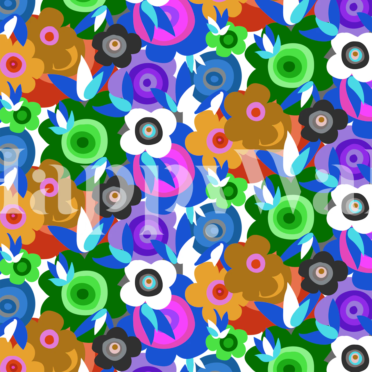 Blue-centered wildflowers in a colorful, dense jungle pattern wall mural.