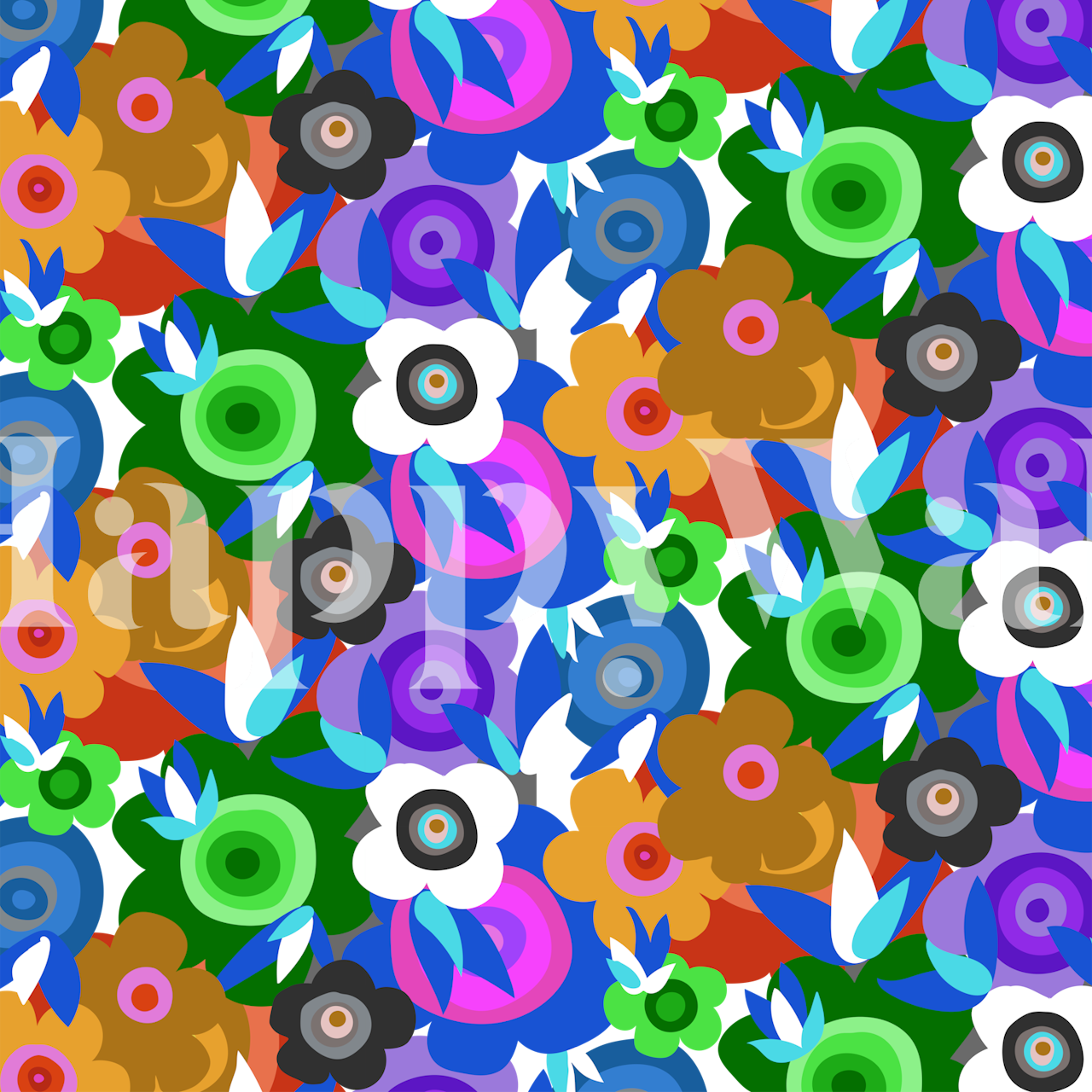 Blue-centered wildflowers in a colorful, dense jungle pattern wall mural.