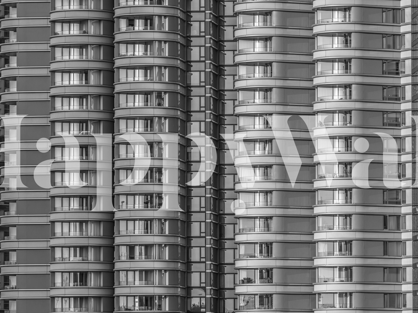 Black and white cityscape wallpaper featuring repeating circular building patterns
