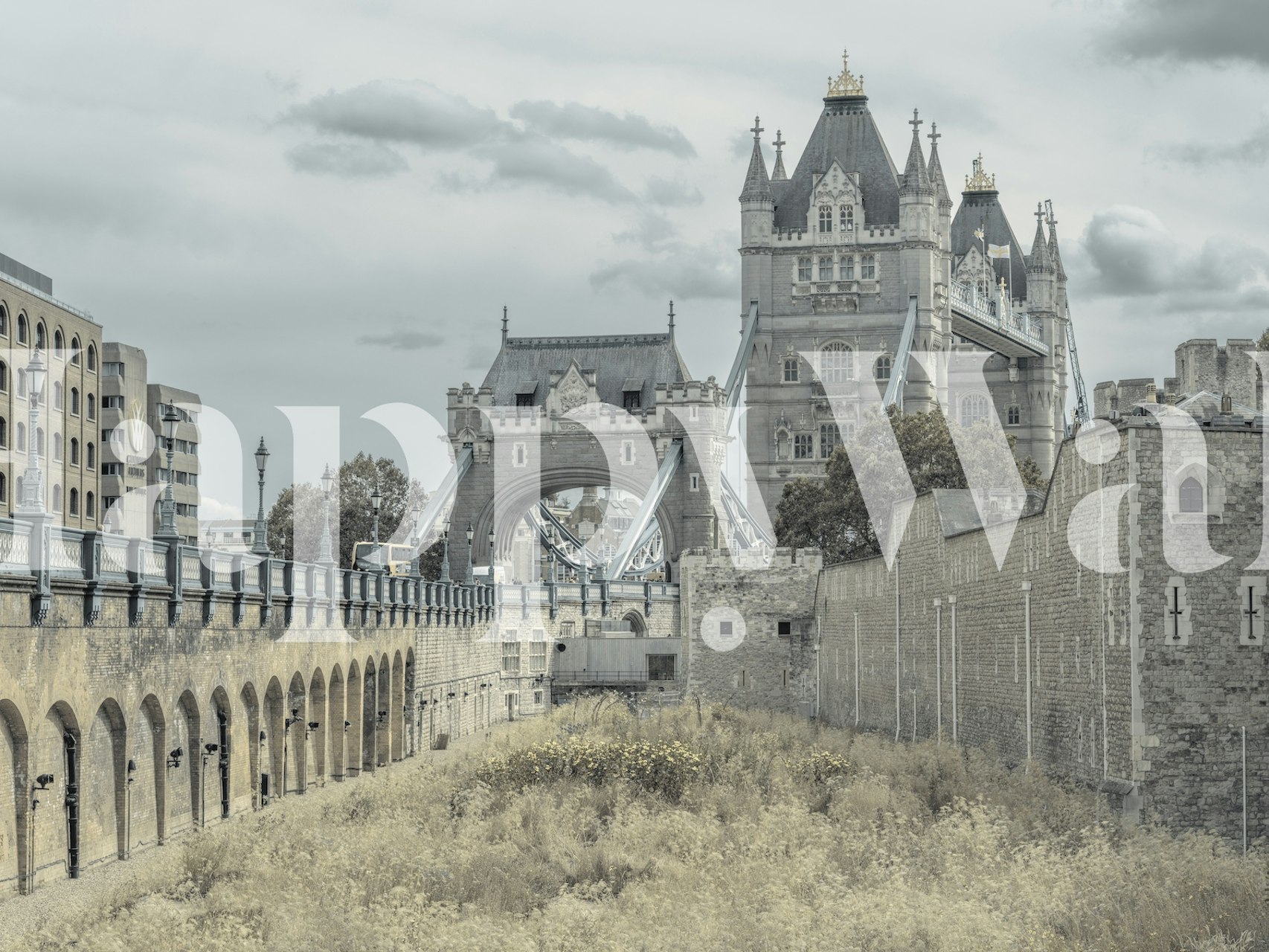 Historische muurschildering London Bridge in monochromatische tinten