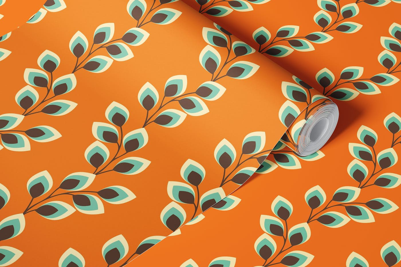 Retro wavy leaves - orange wallpaper roll