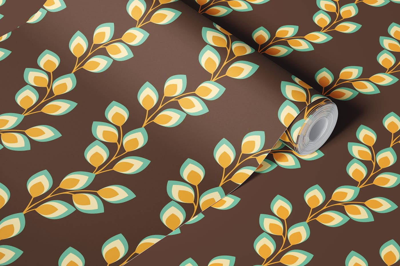 Retro wavy leaves - brown wallpaper roll