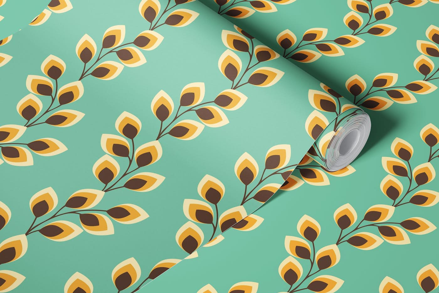 Retro wavy leaves - teal wallpaper roll