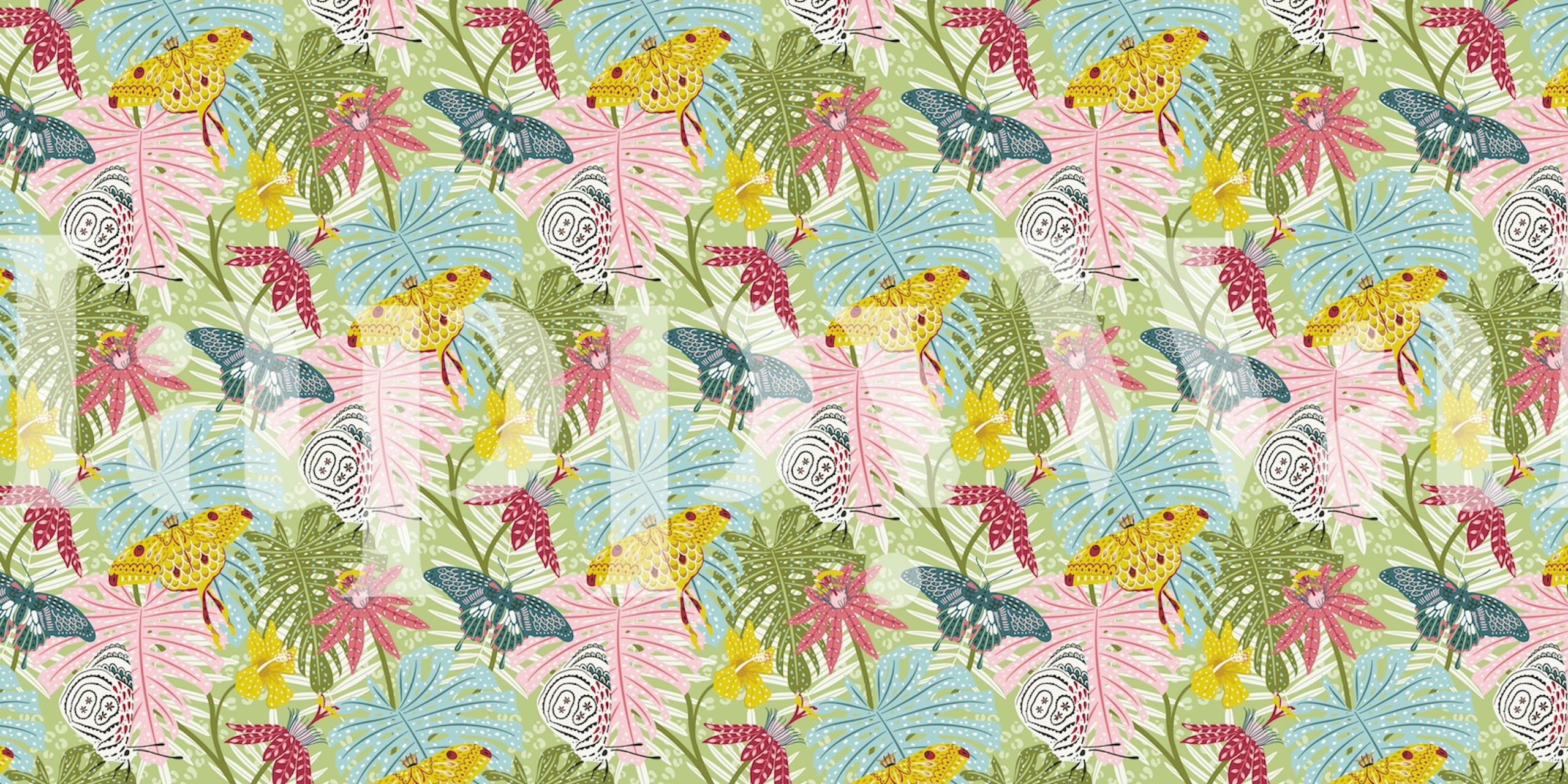 Tropical butterfly and luna moth wallpaper with vibrant plants and colors