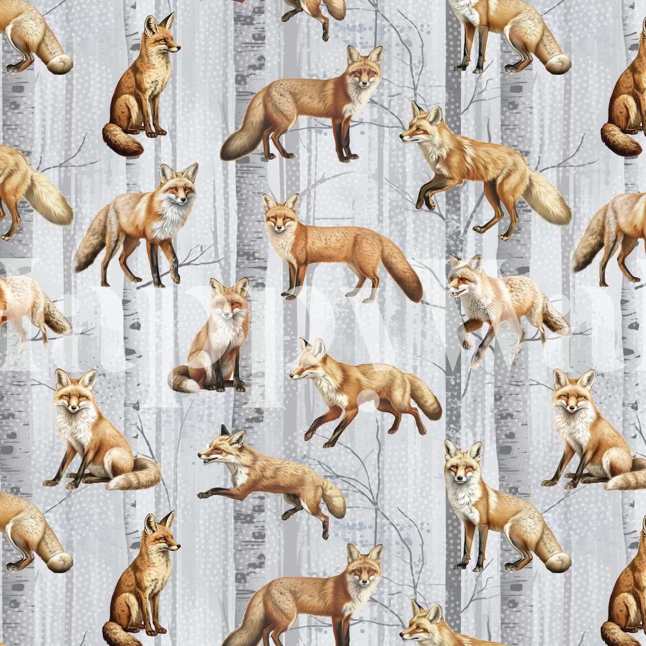 Various foxes in a forest setting with birch trees wallpaper