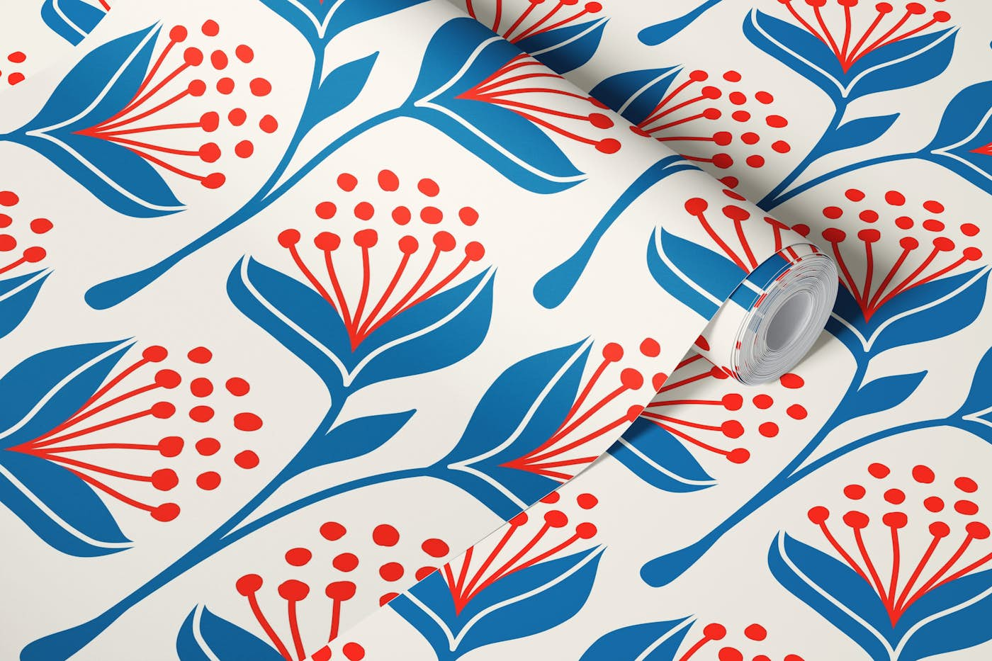 Hand drawn flowers, blue red (2876D) wallpaper roll