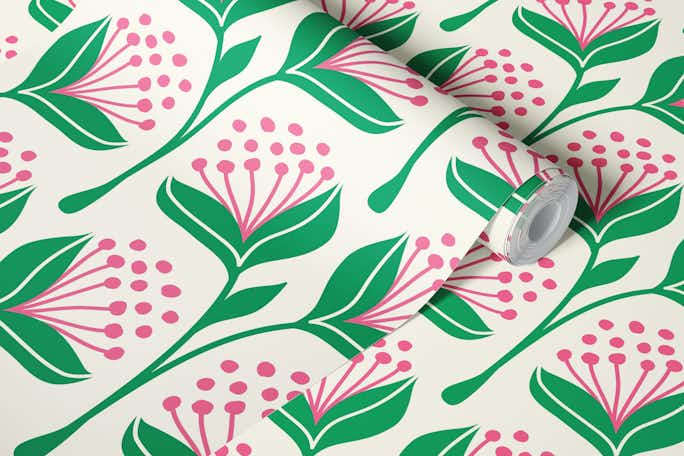 Hand drawn flowers, green pink (2876 E)wallpaper roll
