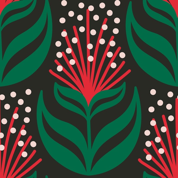 Abstract flowers, dark green red (2877 E)