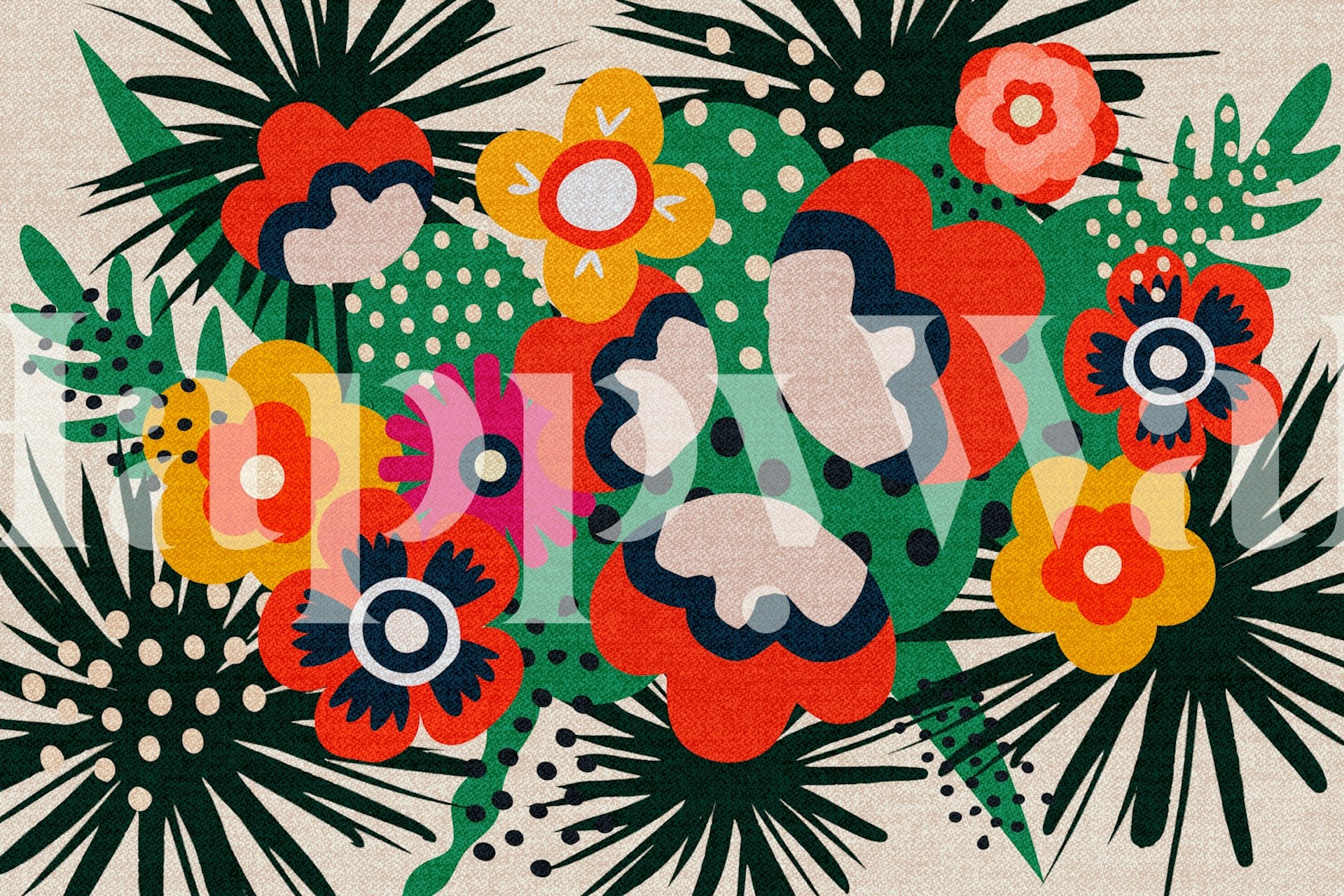 Vibrant floral pattern with red, yellow, and green elements wallpaper