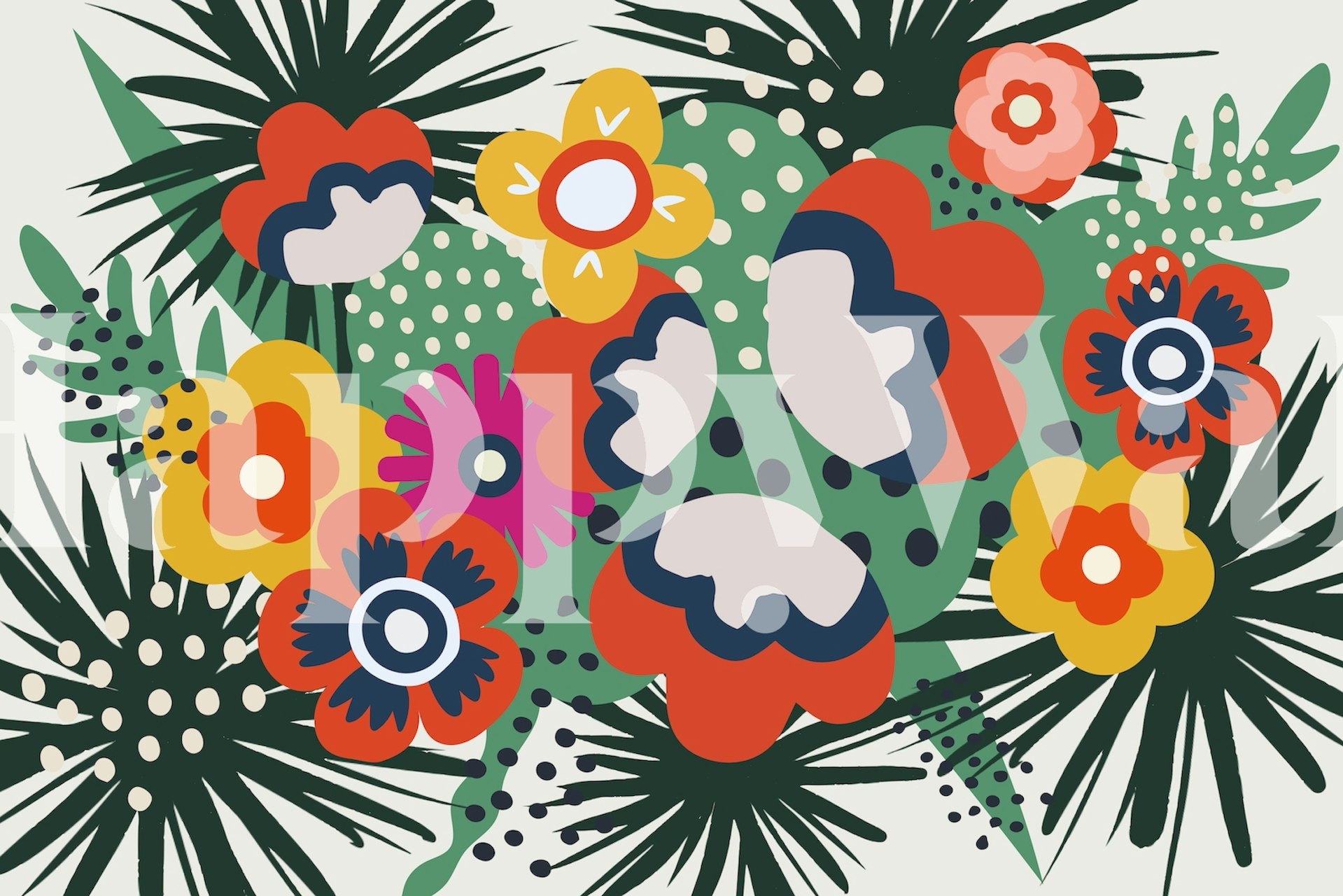 Vibrant abstract mid-century leaves and flowers wall mural in bold colors