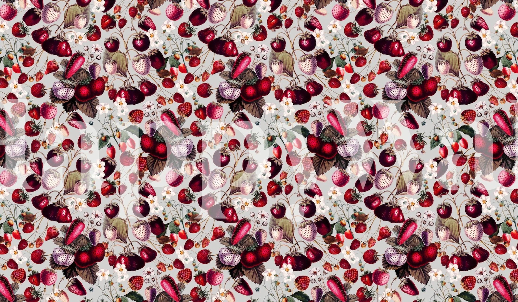 Pink strawberries and floral patterns on white background wallpaper