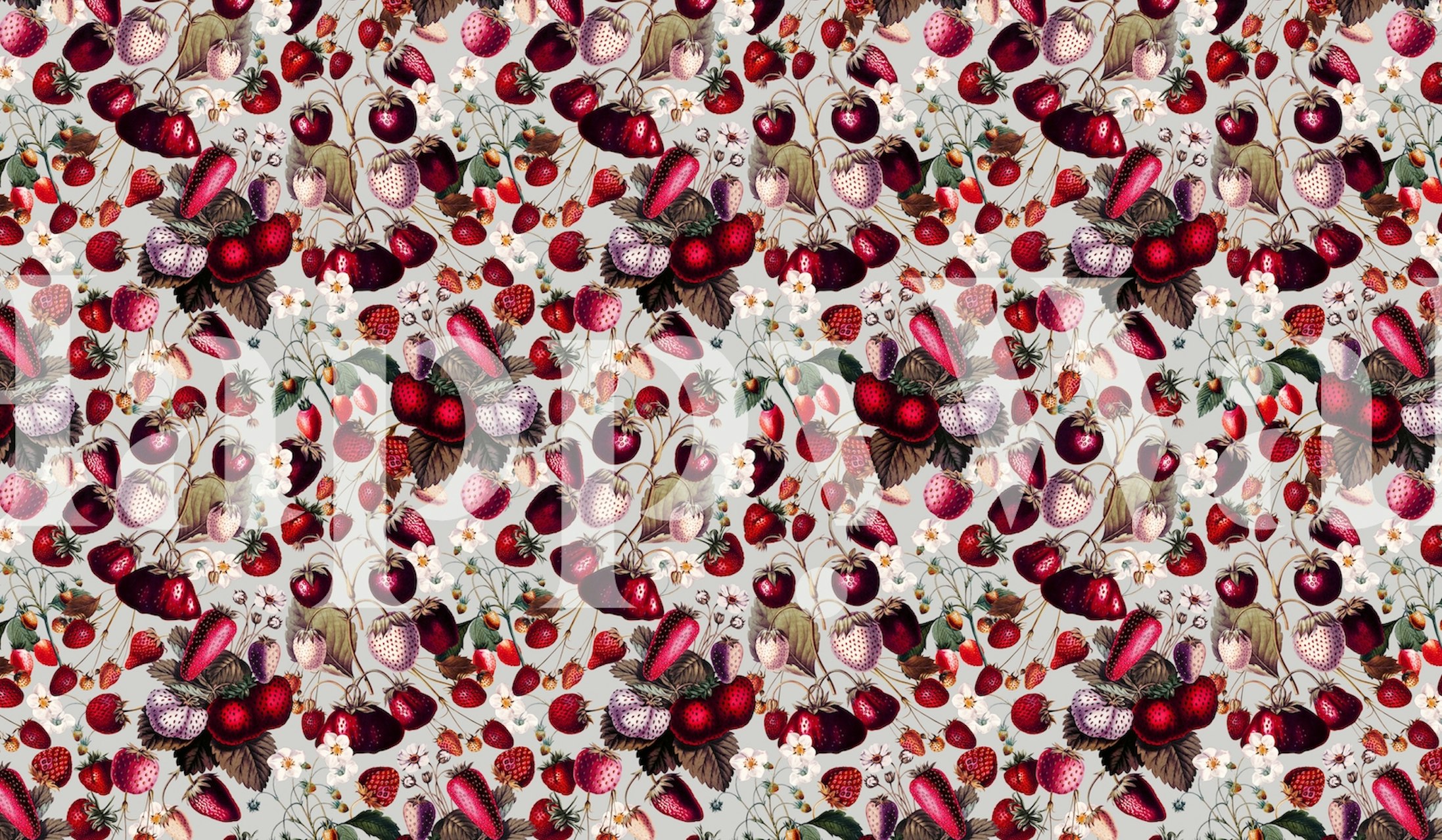 Pink strawberries and floral patterns on white background wallpaper