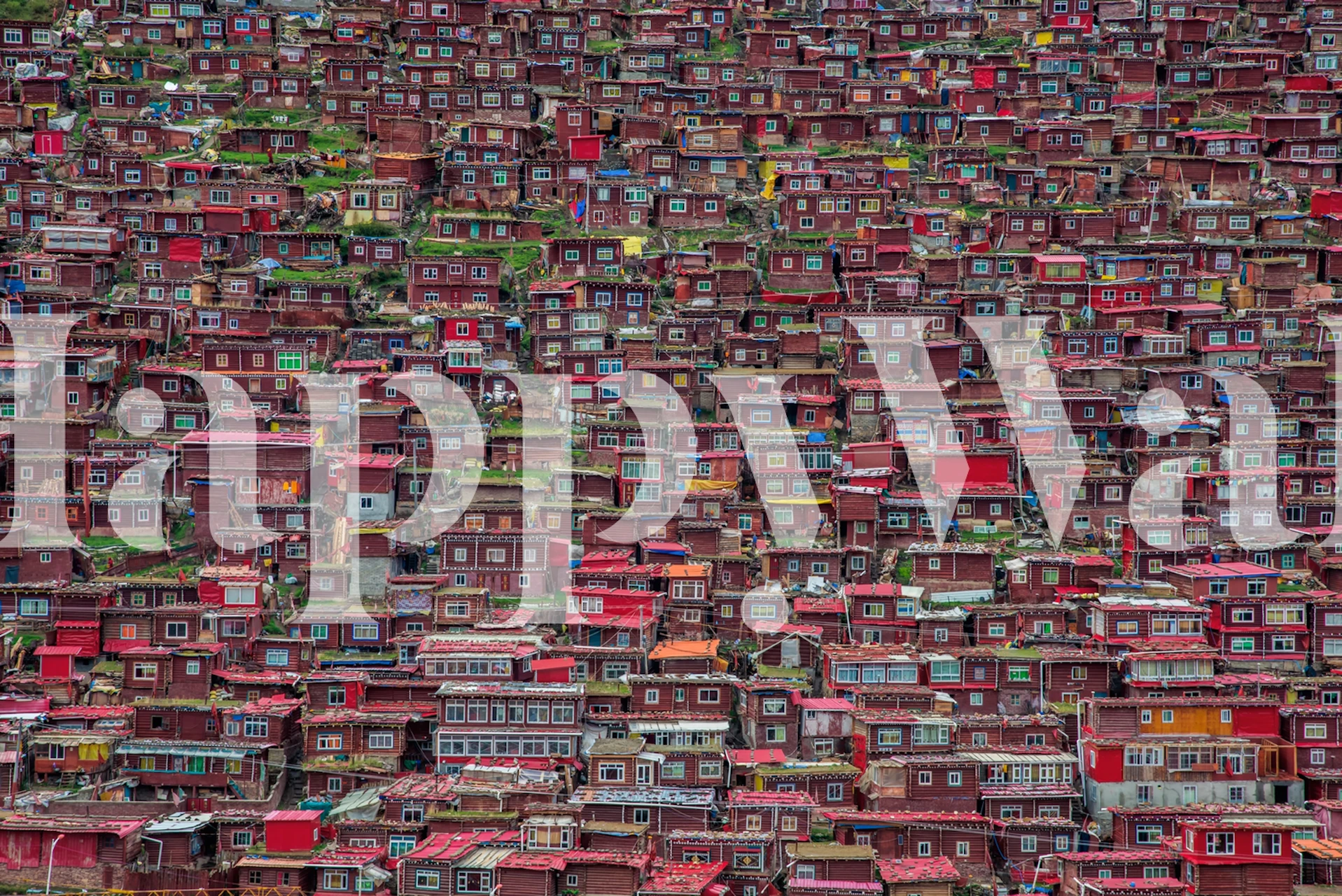 Colorful Larung Gar wallpaper in a room