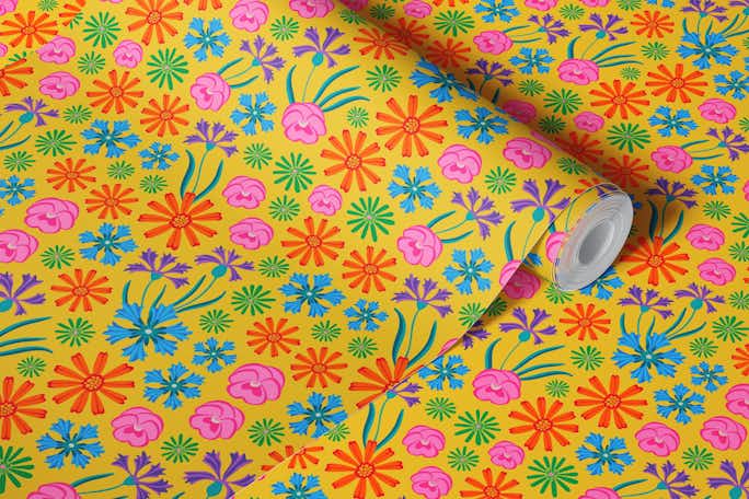 FLORIOGRAPHY Colourful Yellow Floral - Smallwallpaper roll