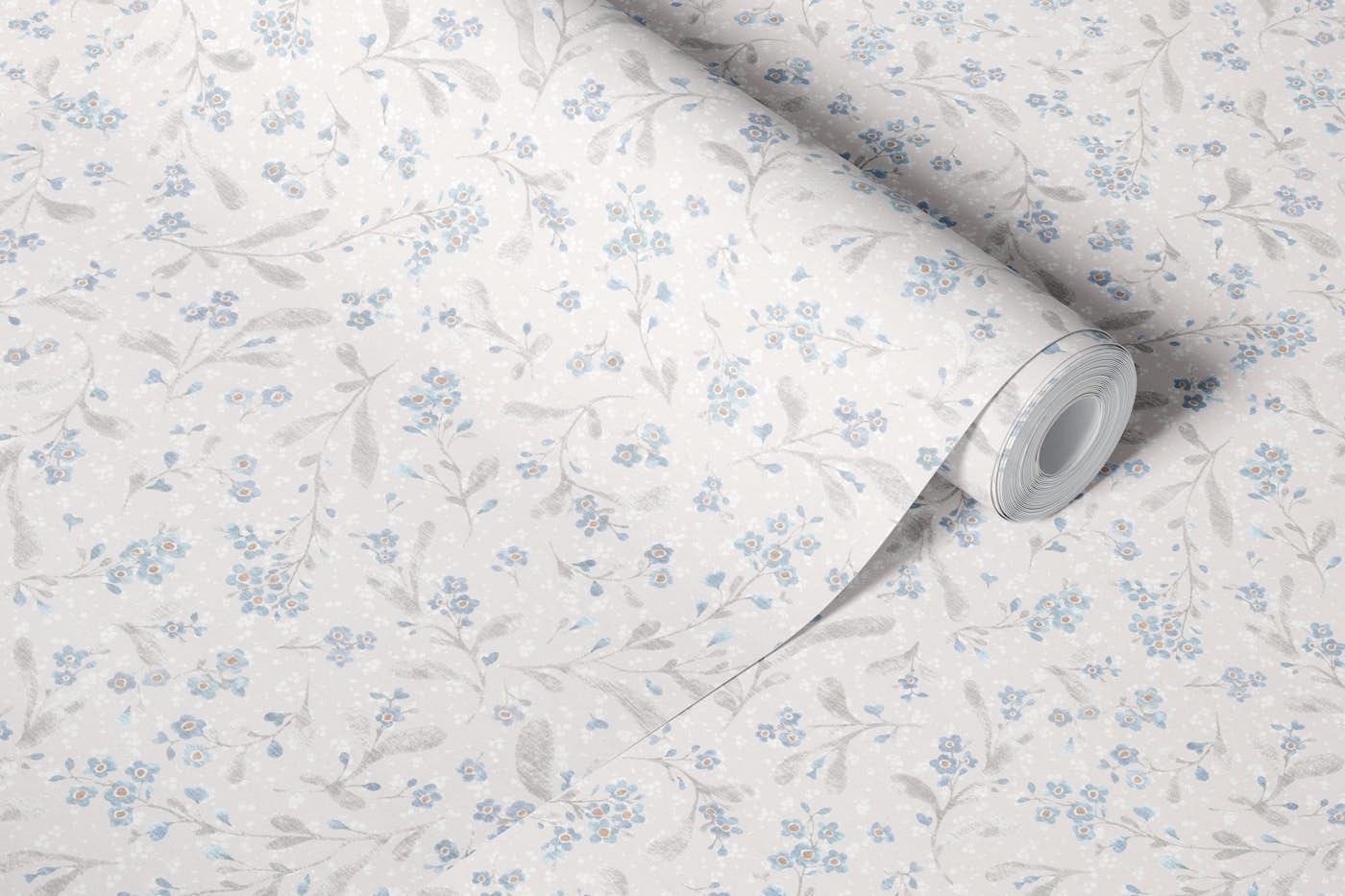 Light blue forget me not flowers neutral gray wallpaper roll