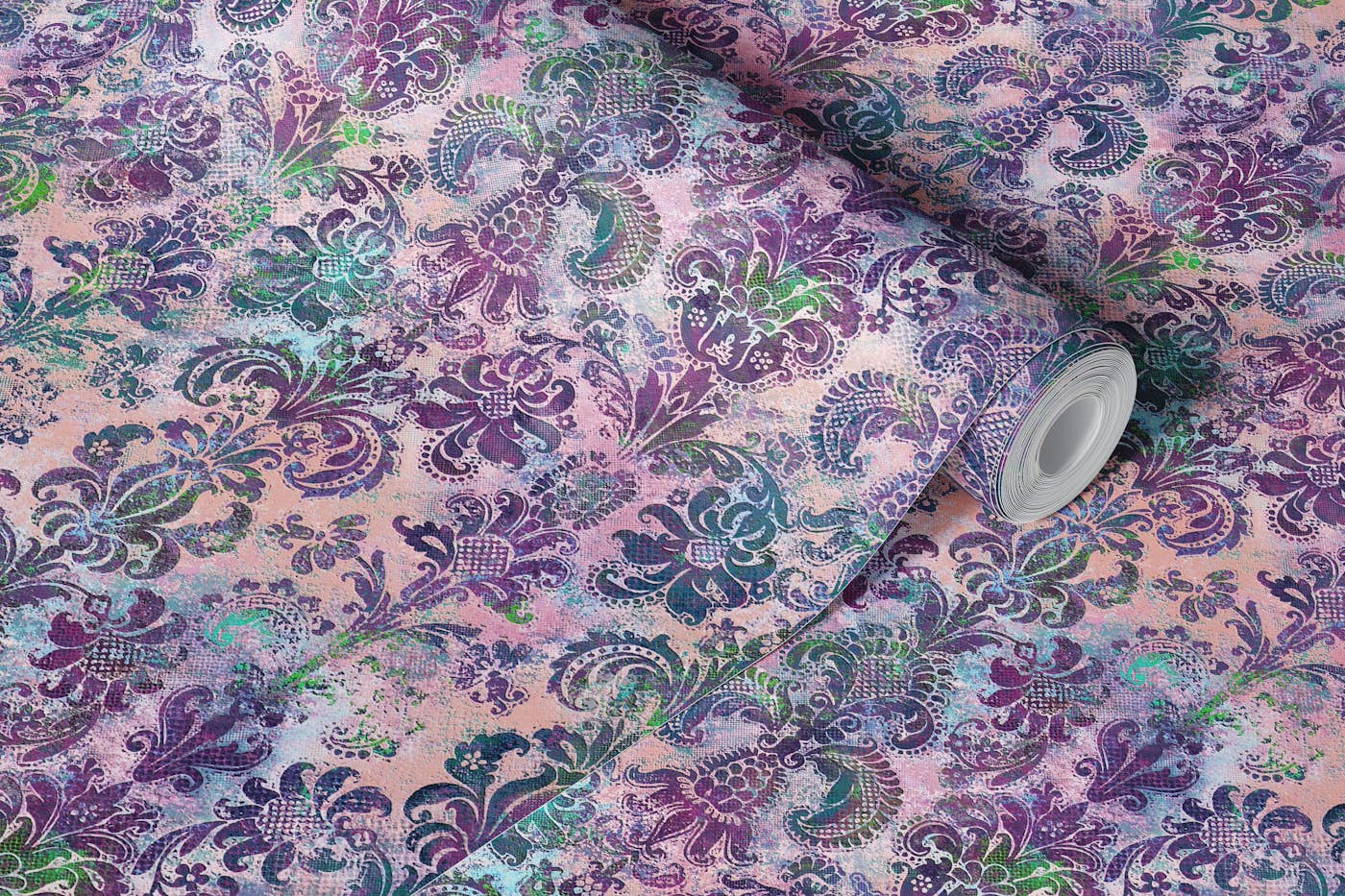 Grunge Damask pattern plum blush wallpaper roll