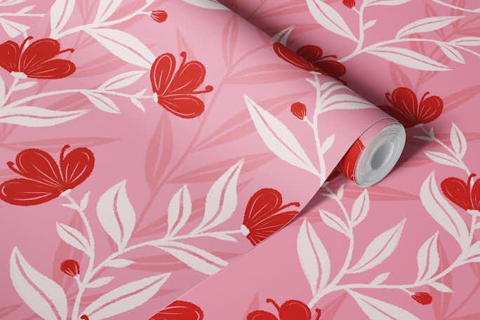 Bold Cute Flowers Pink Bright Red Ivorywallpaper roll