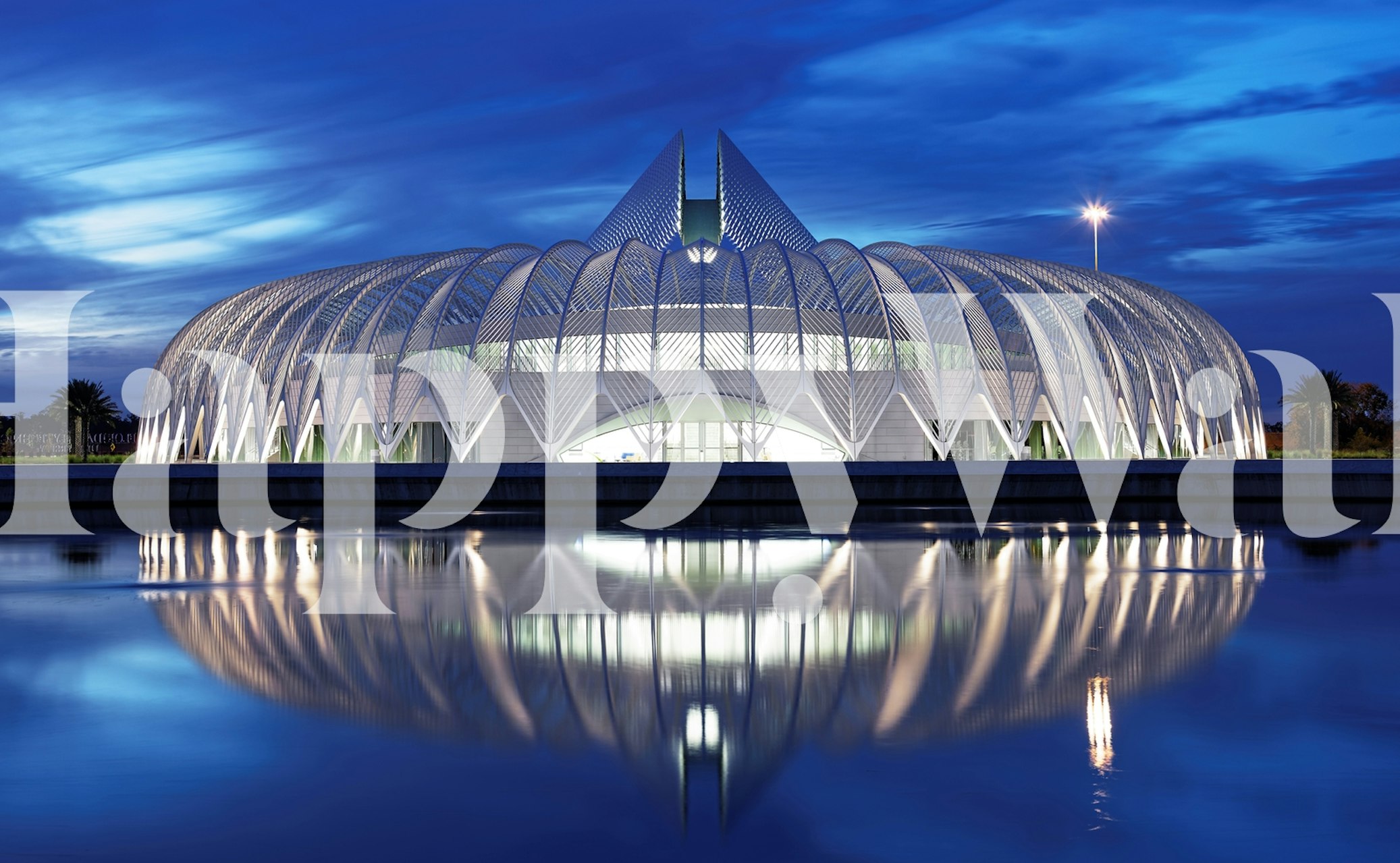Polytechnic University of Florida building at night with reflection in water wall mural