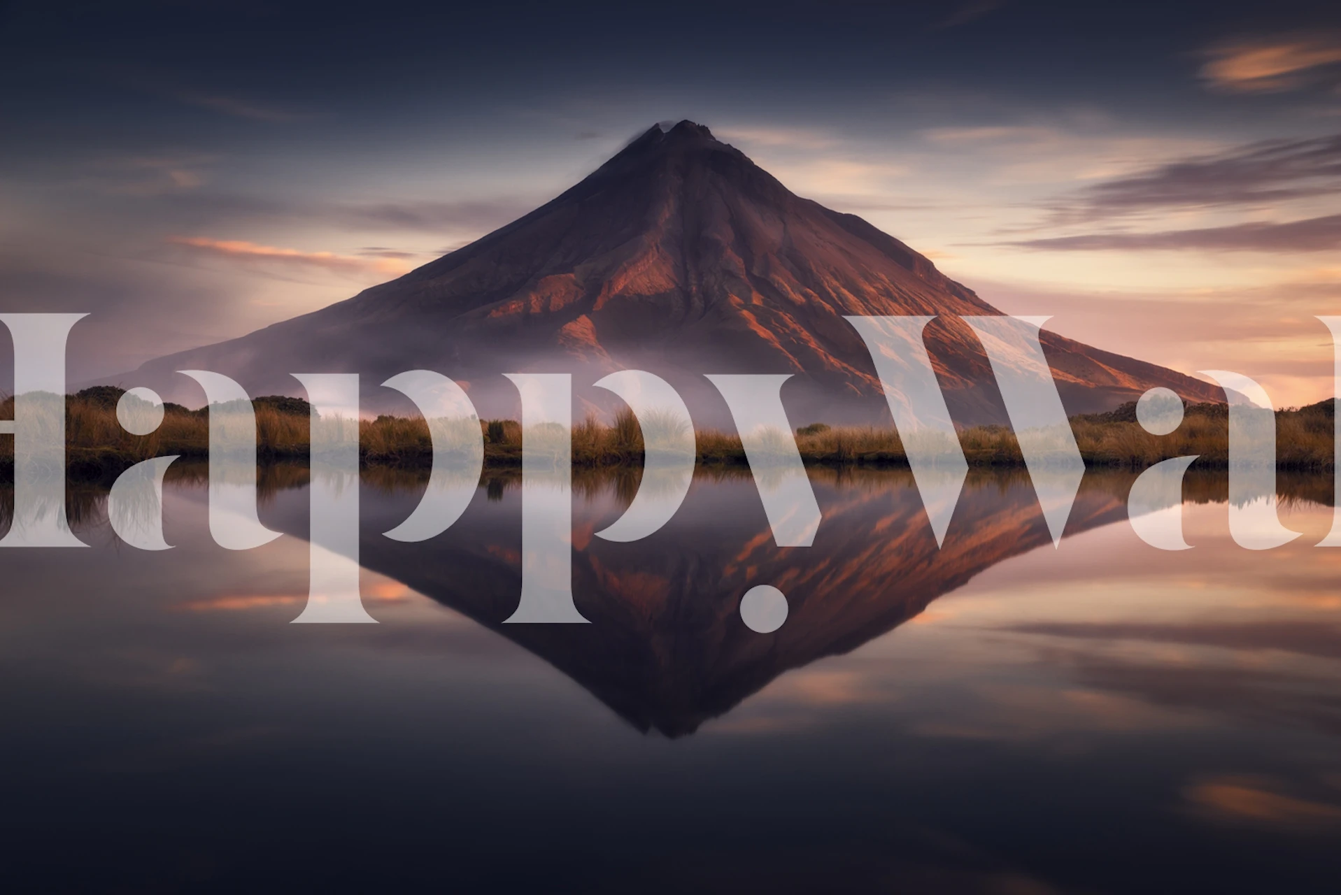 Mountain landscape reflected in water, dark and warm tones wallpaper