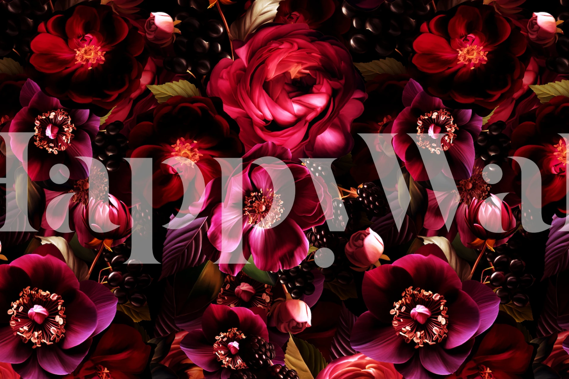 Dunkles florales Wandbild mit gotischem Barockmuster mit üppigen, stimmungsvollen Blumen in tiefen Rot- und Lilatönen