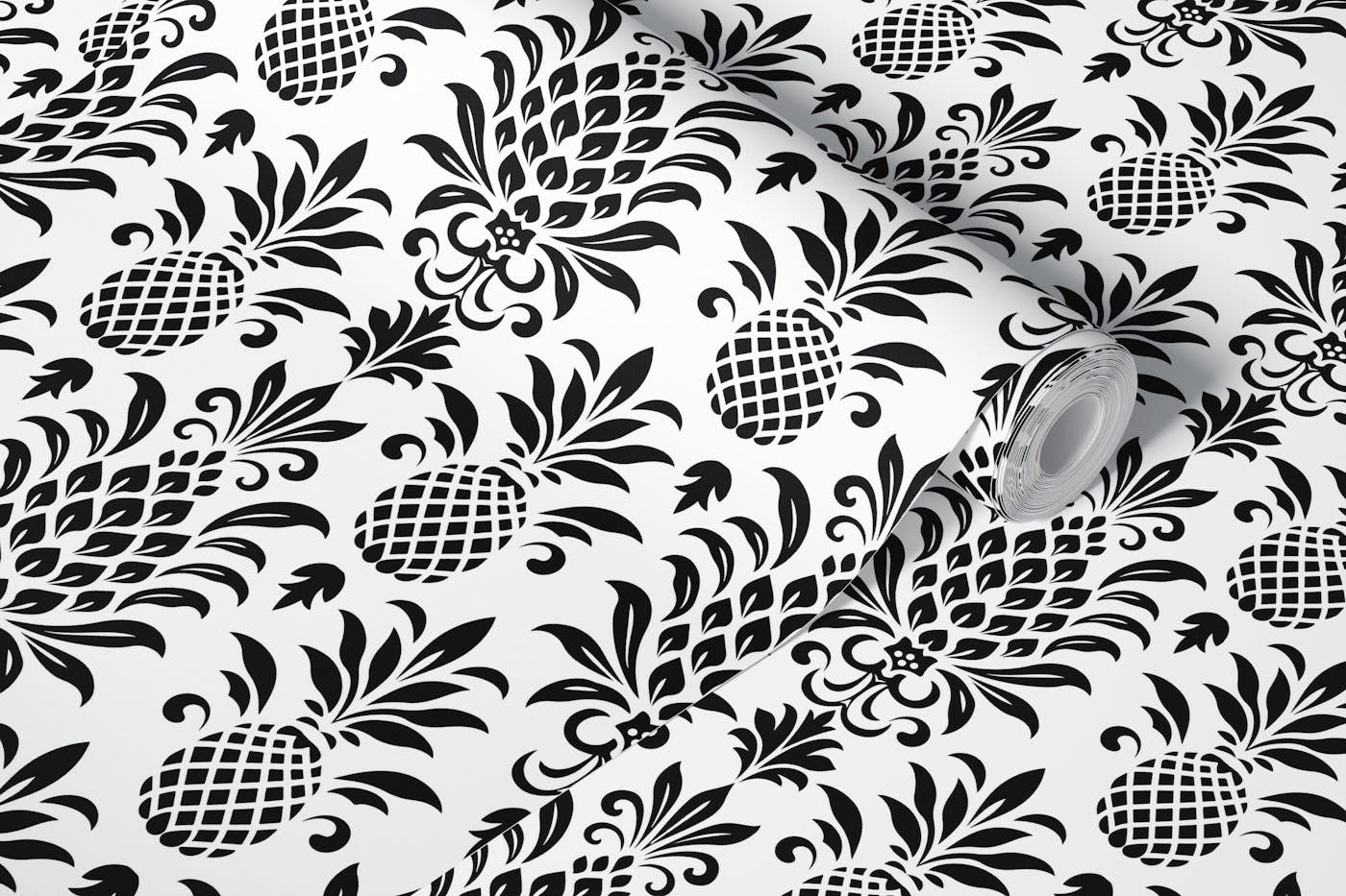 Modern Pineapple Chic Black On White wallpaper roll