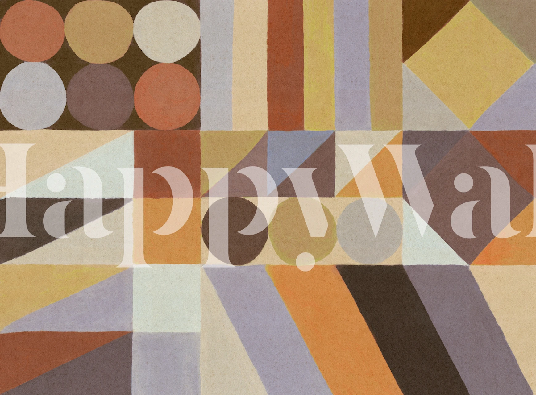 Abstract geometric shapes wall mural featuring circles, rectangles, and triangles in neutral tones.